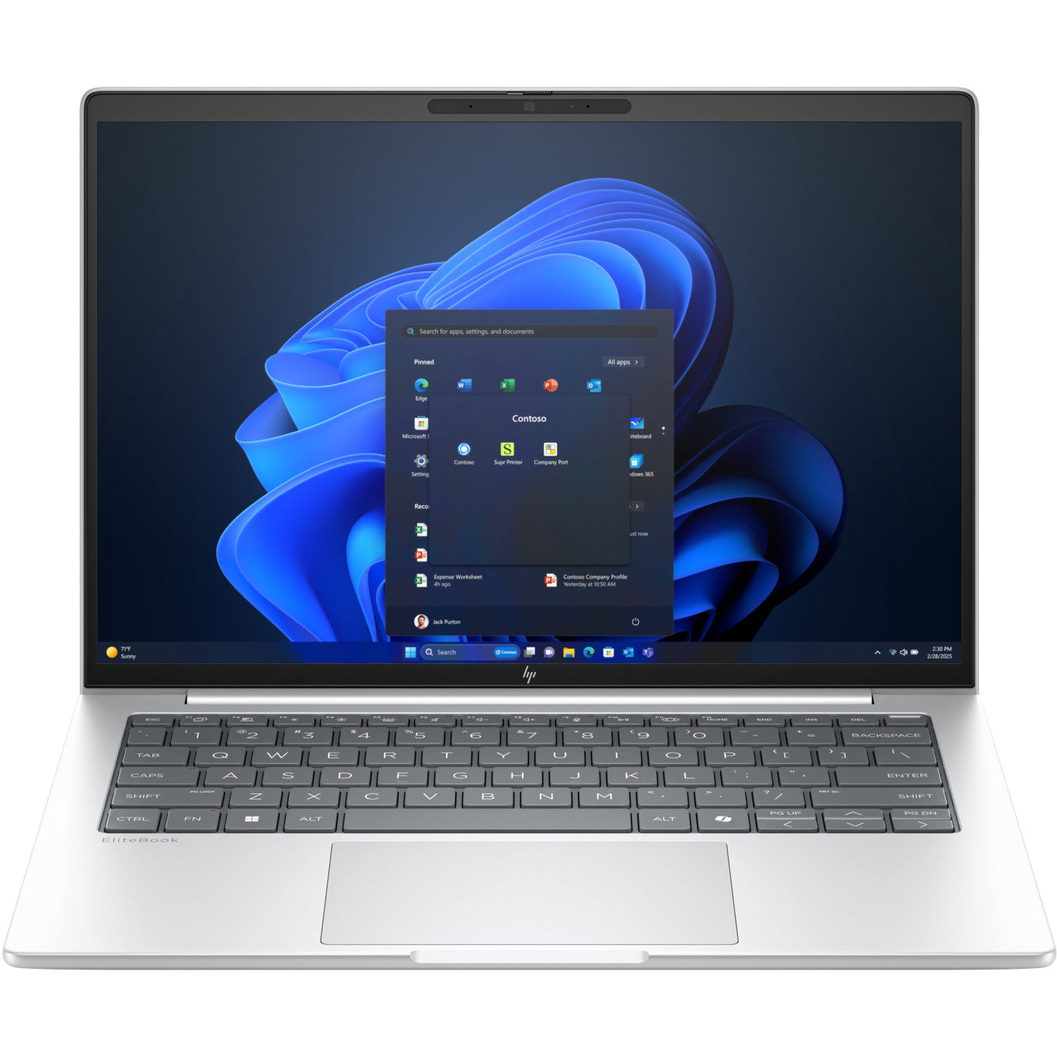 Zilveren laptop open, Windows 11-interface weergegeven. Een startmenu is open, met apps. Toetsenbord zichtbaar, met EliteBook branding.