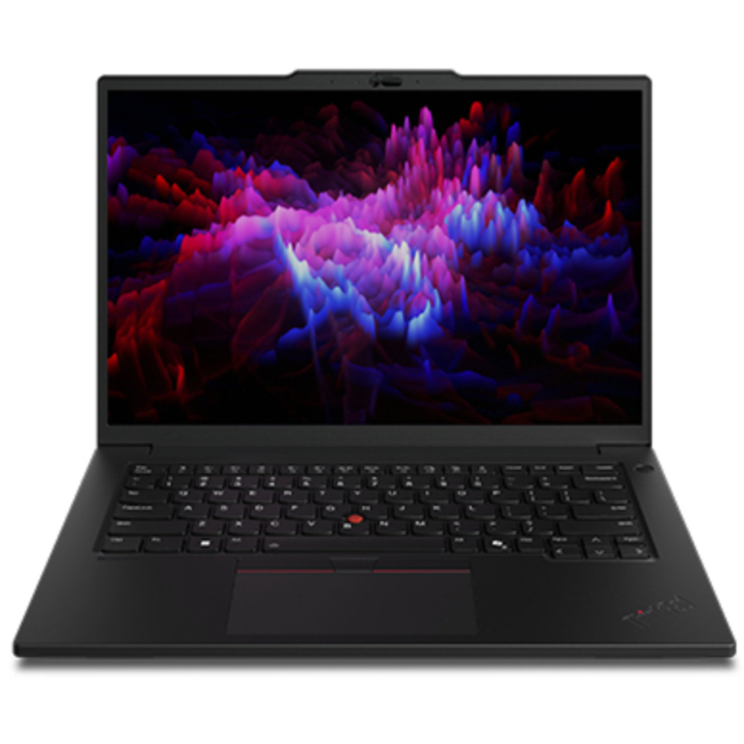 Black laptop with a colorful abstract background on the screen. The keyboard is visible, with a red trackpoint. 