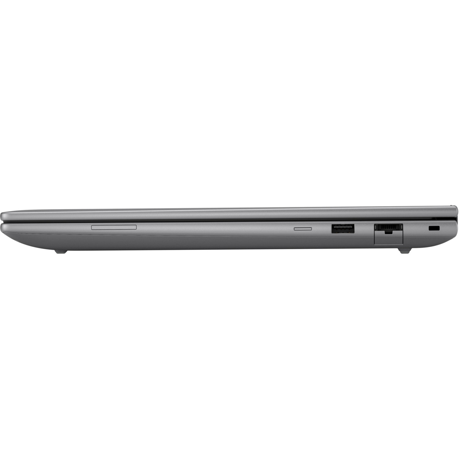 Side view of a closed, gray laptop. Ports are visible along the edge. The background is white.