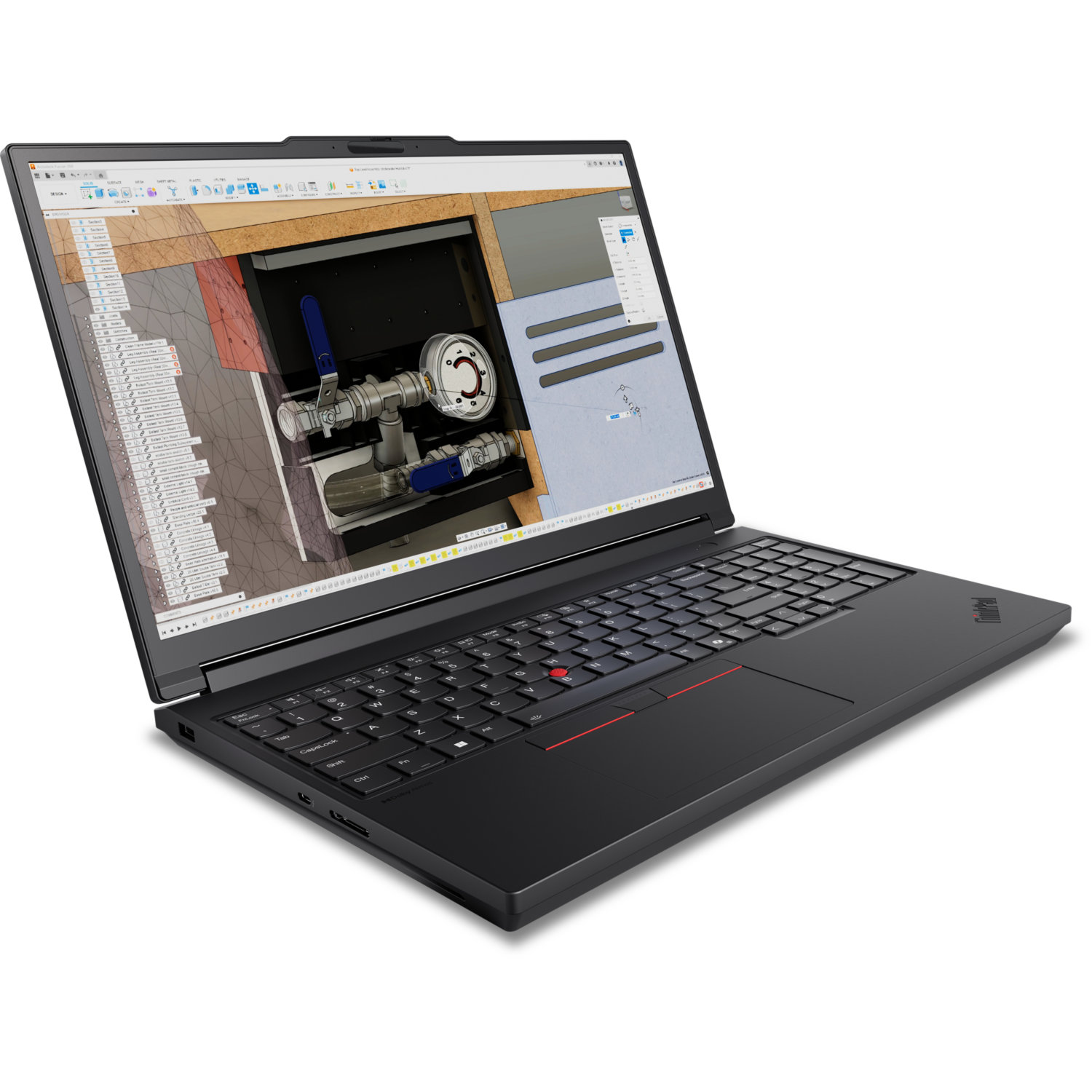 Black laptop displaying a 3D model of plumbing fixtures. The screen shows the design interface with several options and details.