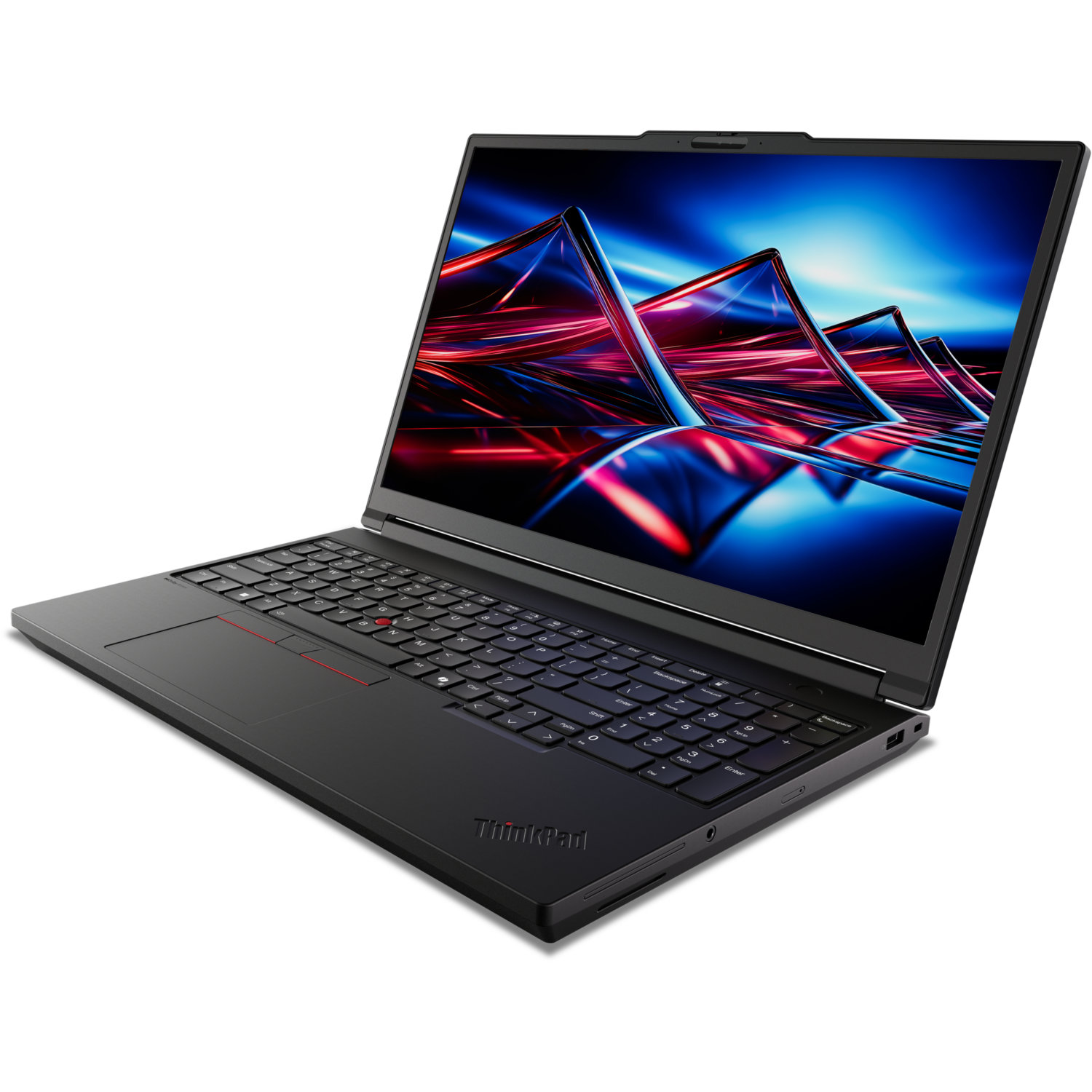 Black ThinkPad laptop open, screen showing abstract shapes in red and blue. Keyboard and trackpad are visible.
