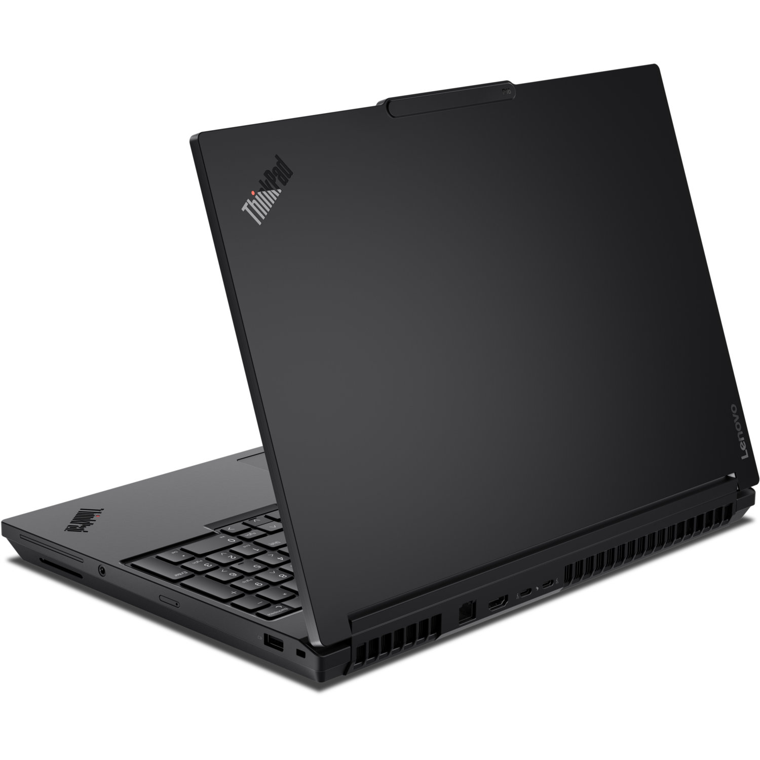 Black Lenovo ThinkPad laptop, open at an angle. Keyboard visible. ThinkPad logo on the lid, Lenovo on the side.