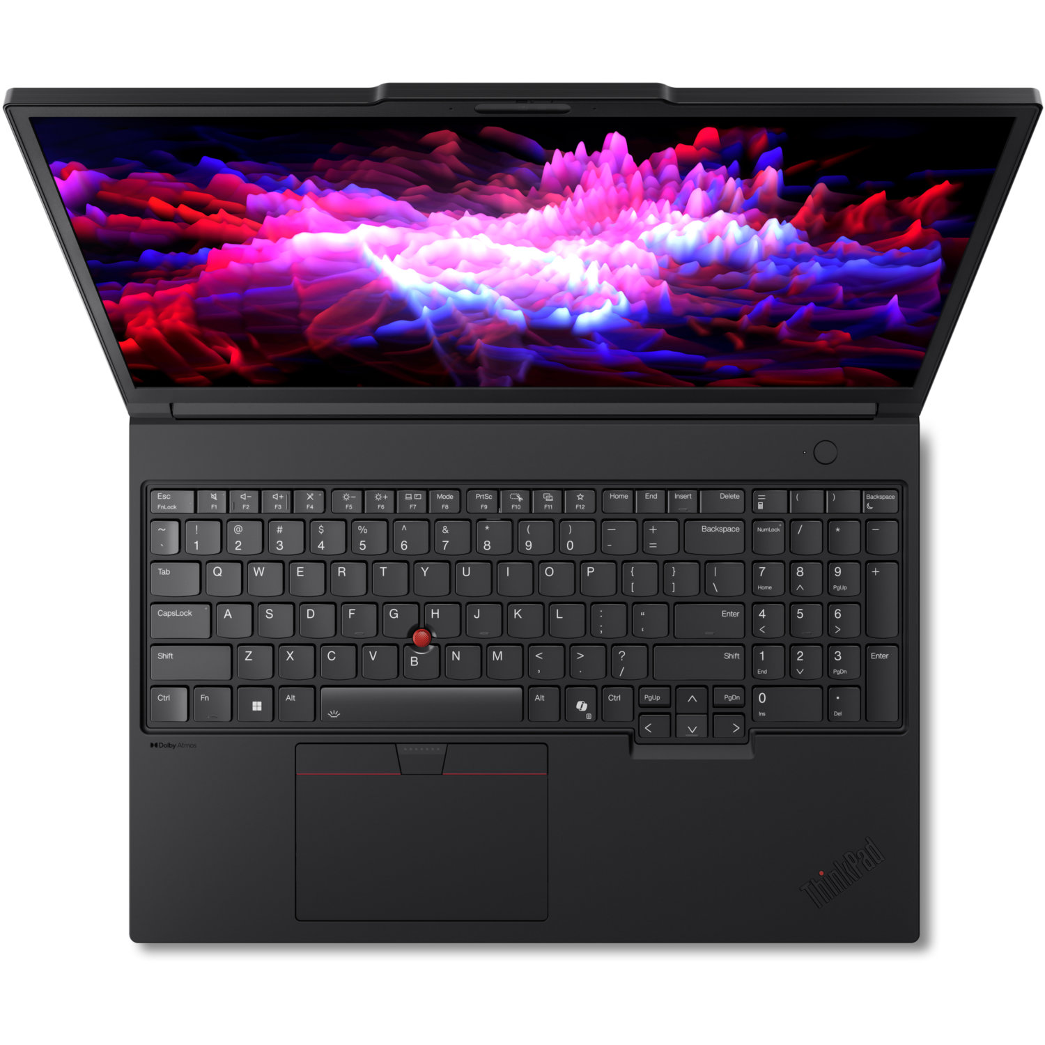Black laptop with open screen displaying colorful abstract art. Keyboard and touchpad are visible.
