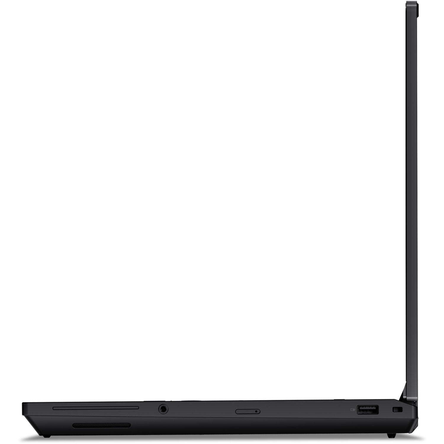 Side view of a black laptop. The screen is open. Ports and vents are visible on the side.