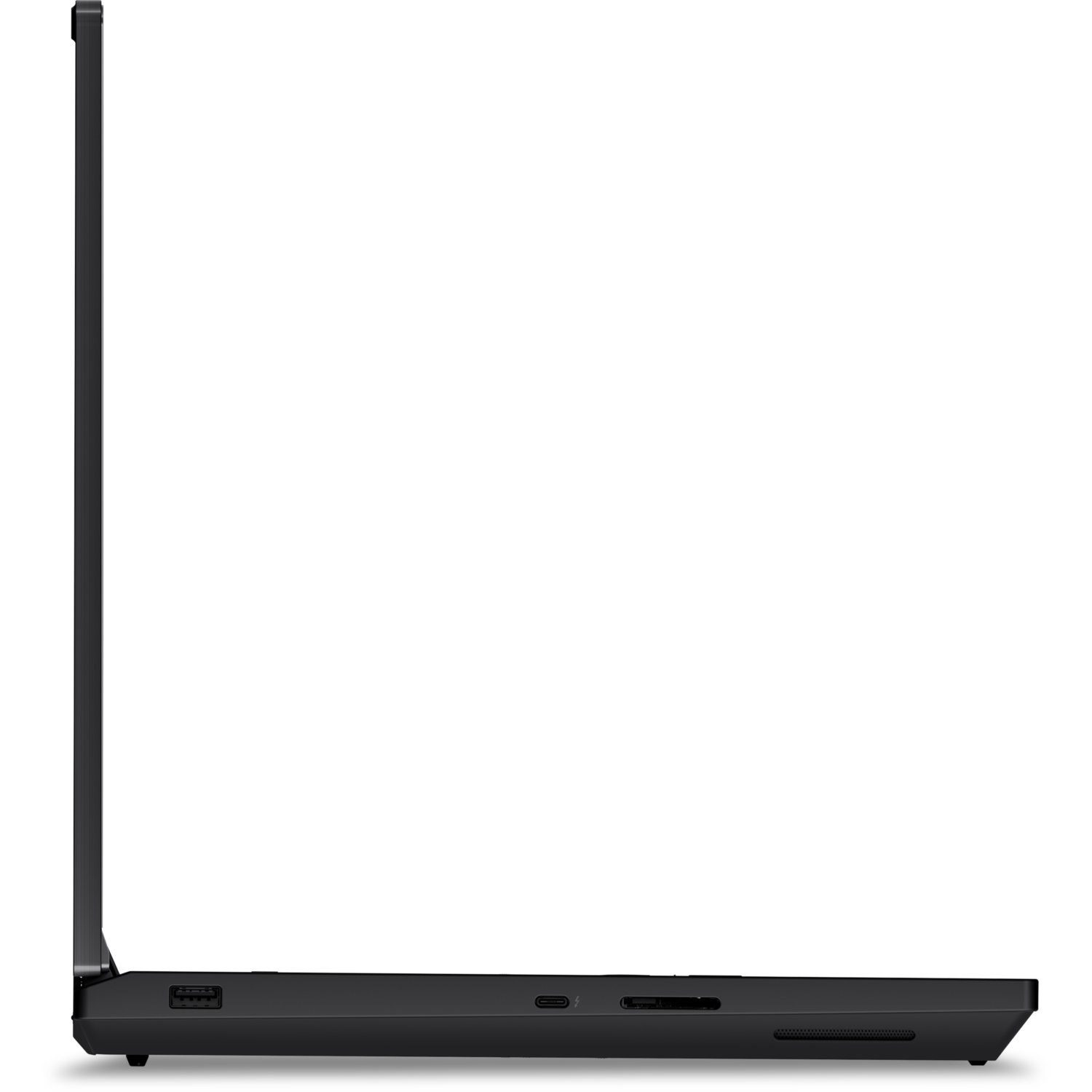 Side view of a black laptop. The screen is open. Ports are visible on the side. The background is white.
