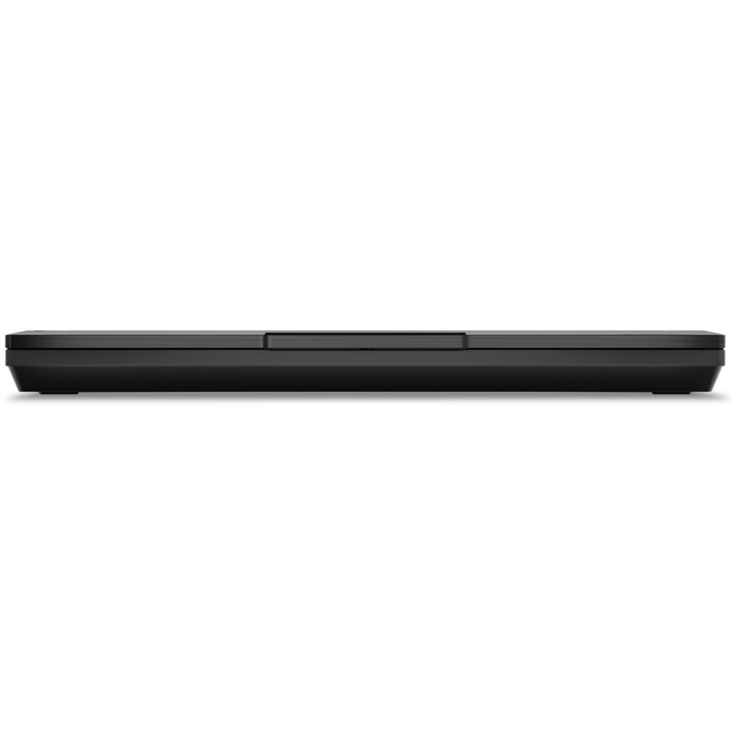 A black, rectangular device is centered against a white background. It appears to be a laptop or similar electronic device.