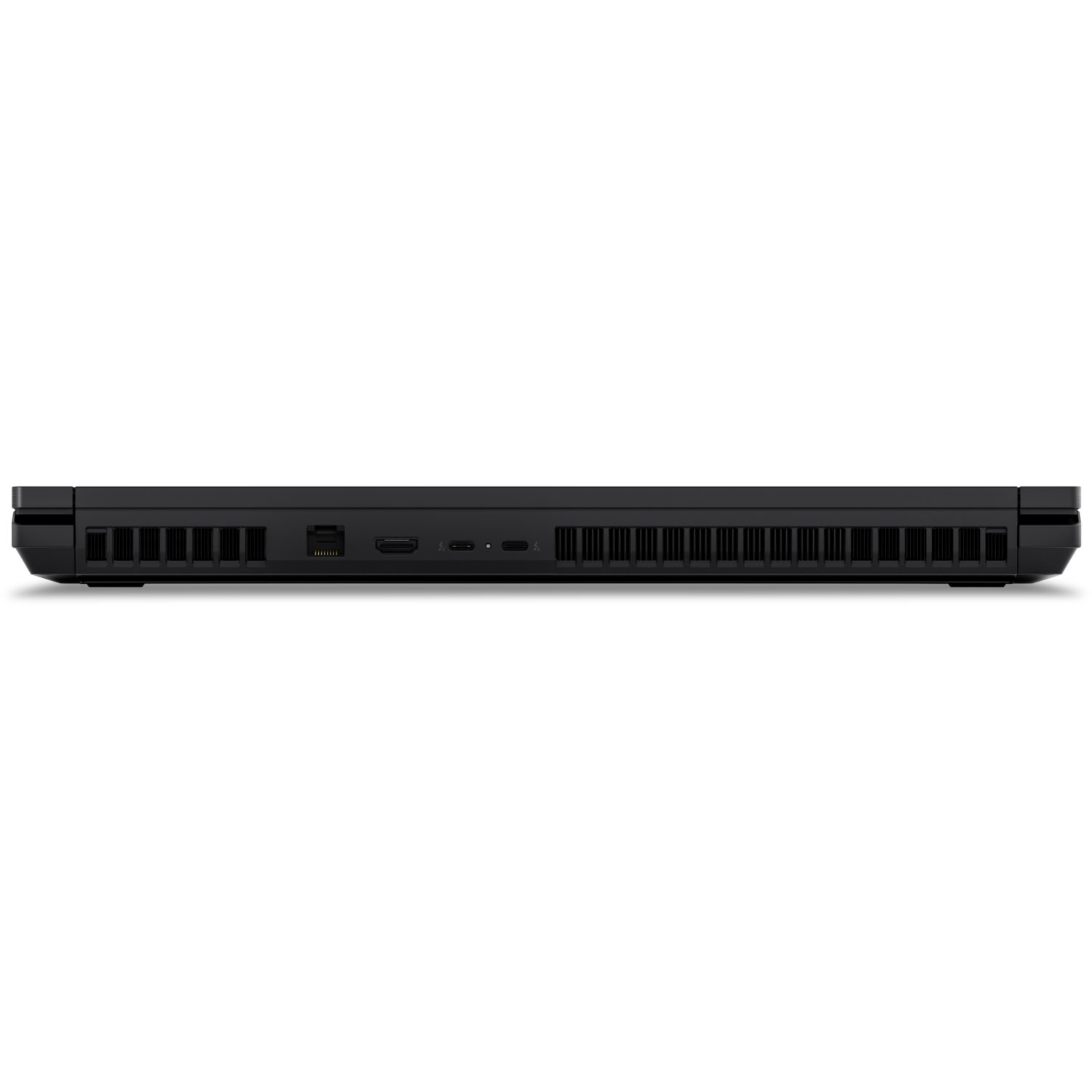 The bottom edge of a black laptop, showing ports and vents against a white background. Ports include USB, HDMI, and charging ports.