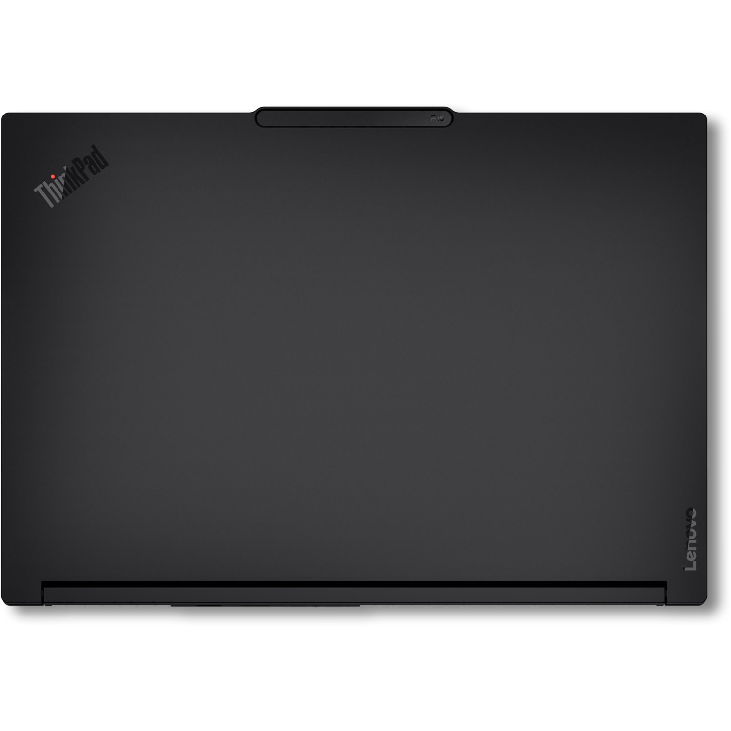 Top view of a black Lenovo ThinkPad laptop. The ThinkPad logo is visible on the upper left, Lenovo on the bottom right.