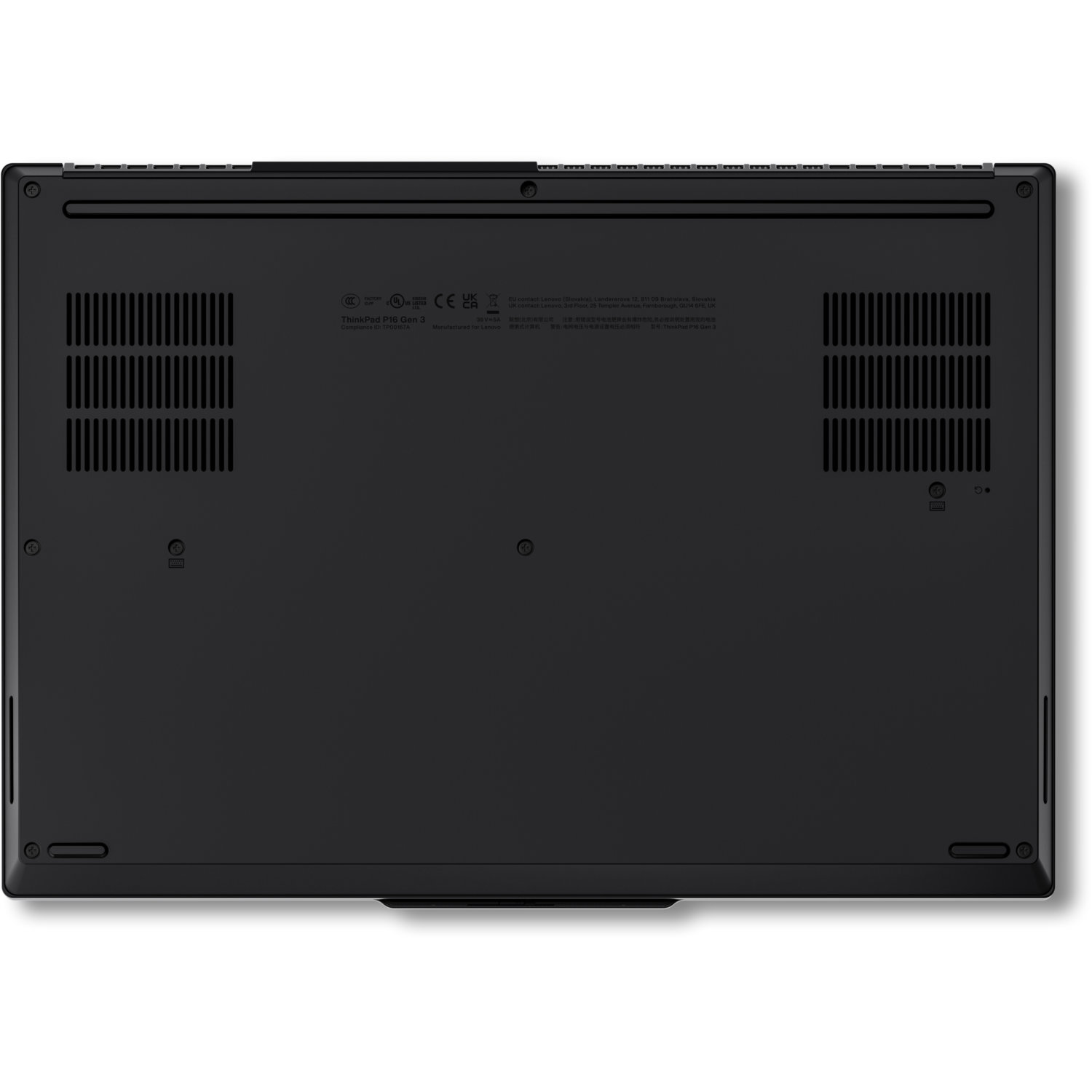 The bottom of a black laptop. It has ventilation grilles, regulatory markings, and several screws. The laptop is on a white surface.