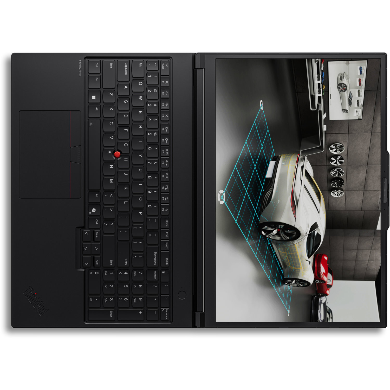Open laptop with a car design on the screen. The keyboard is black.