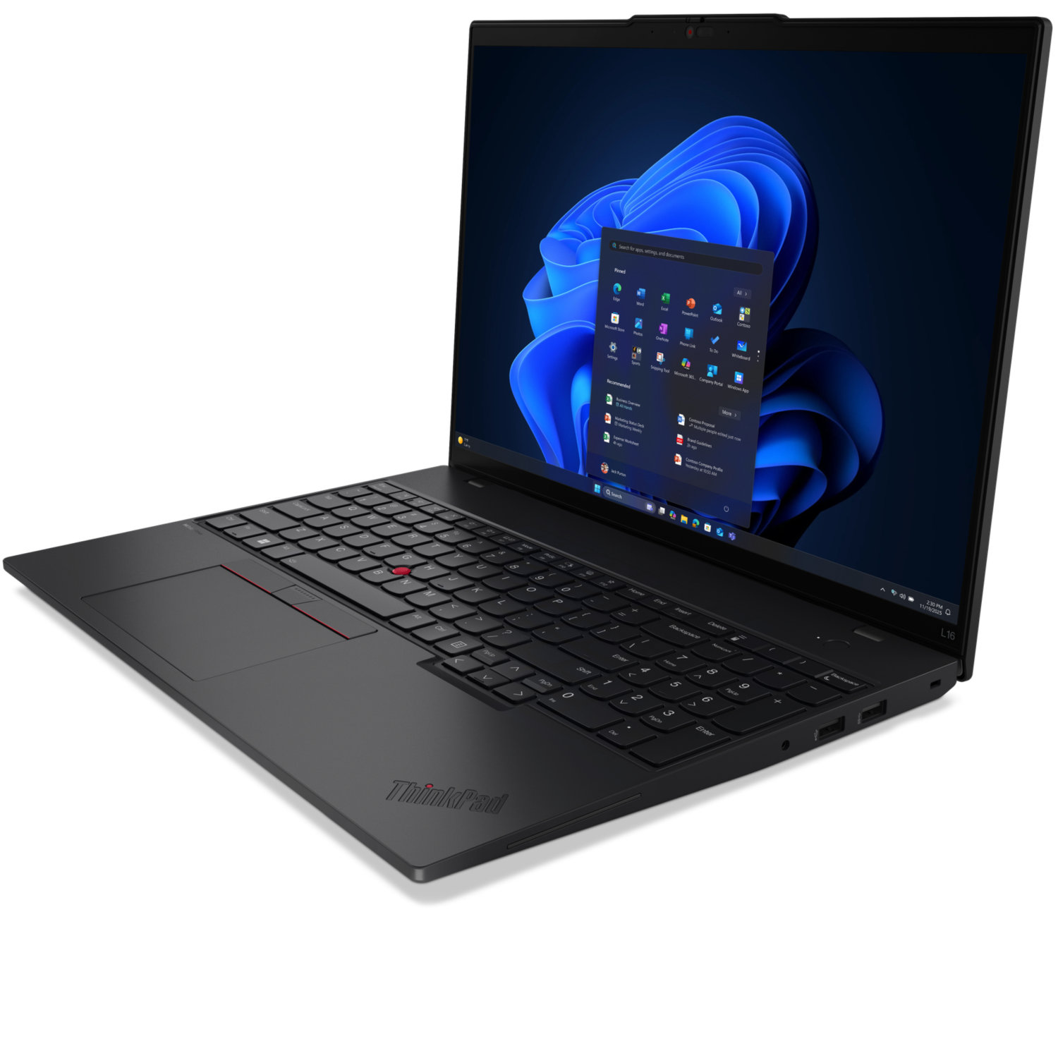 Black ThinkPad laptop open, showing Windows interface. Keyboard visible, trackpad with red button. White background.