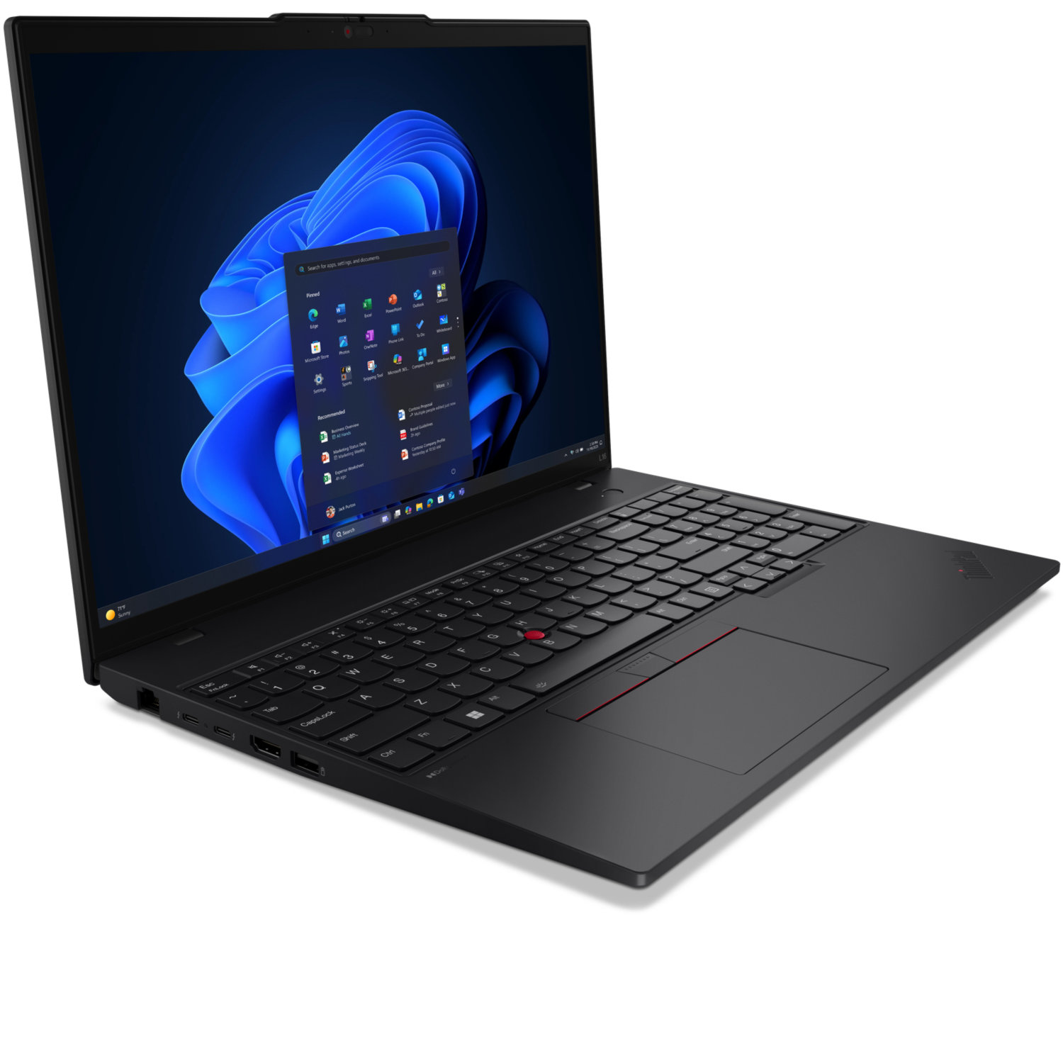 Black laptop on a white surface. The screen displays a Windows interface with apps. Keyboard, touchpad, and ThinkPad logo are visible.
