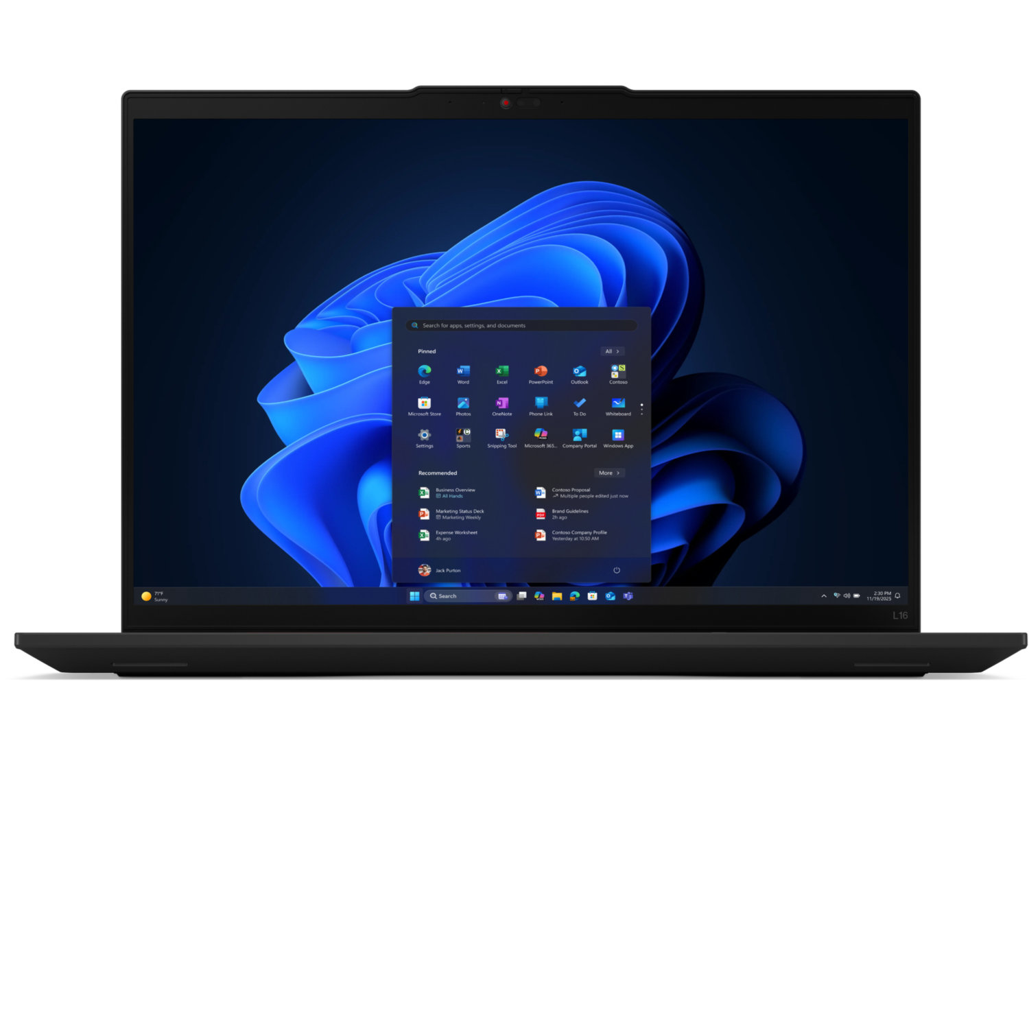 A black laptop displays a Windows interface. The screen shows the start menu with app icons and a blue, abstract background.