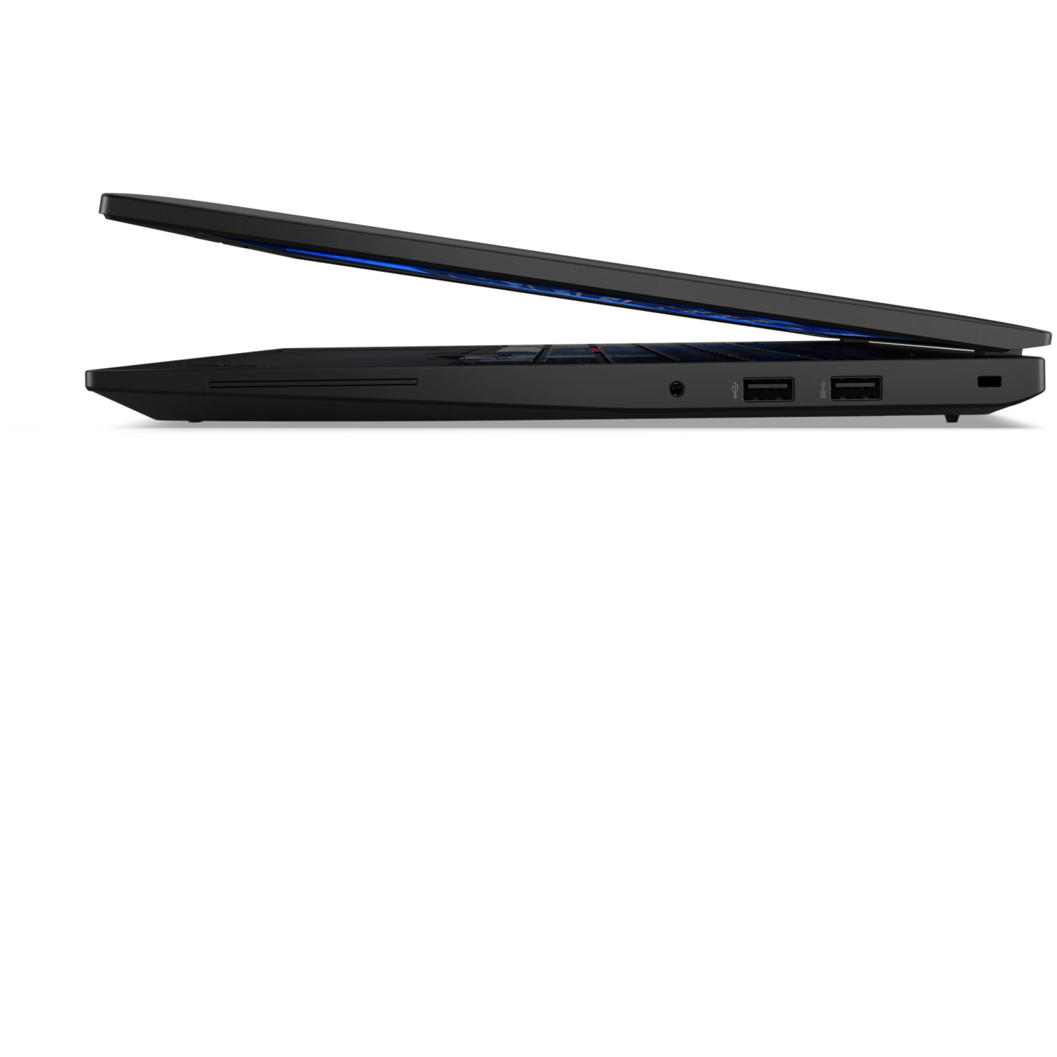 Side view of a black laptop, partially open. Ports are visible on the side. The screen has a blue accent.