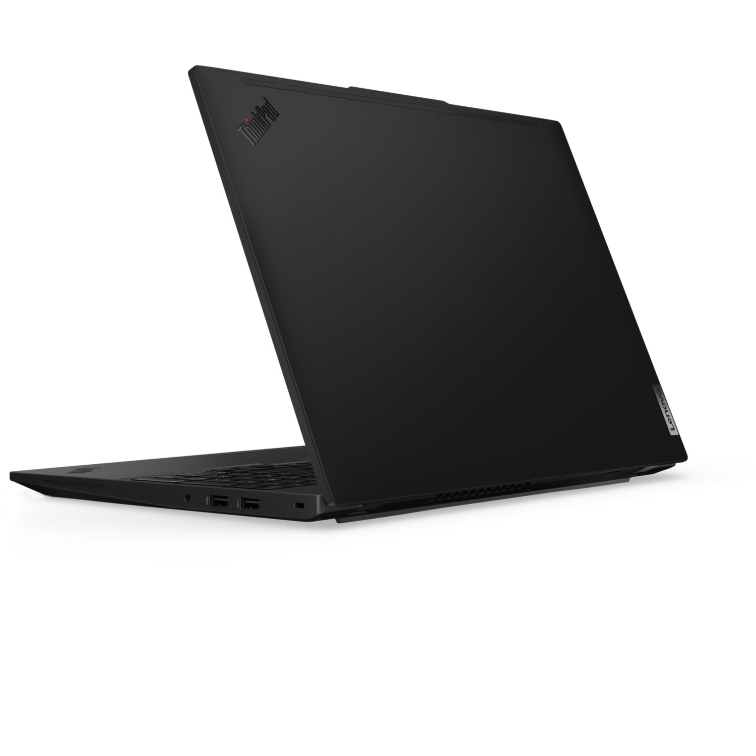 A black ThinkPad laptop is slightly open on a white background. The ThinkPad and Lenovo logos are visible.