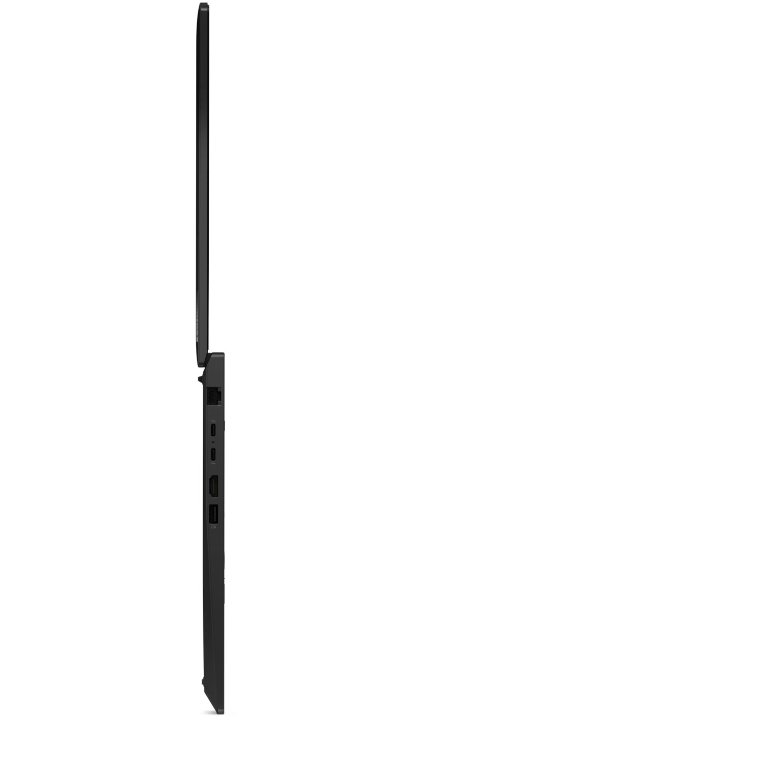 Side view of a black laptop. The screen is open. Ports and buttons are visible on the side. Background is white.