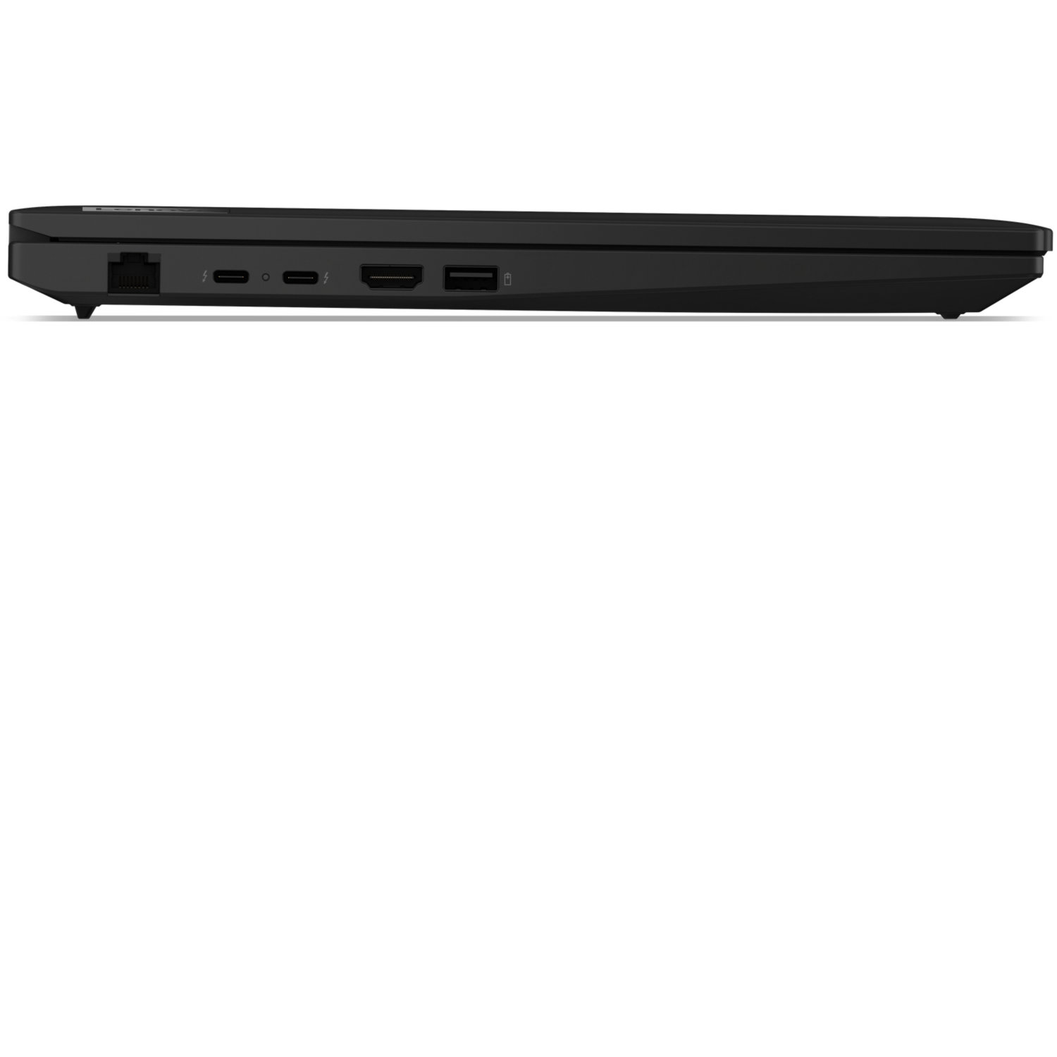 Side view of a black laptop. Visible ports include Ethernet, USB-C, HDMI, and USB. The laptop is closed and set against a white background.