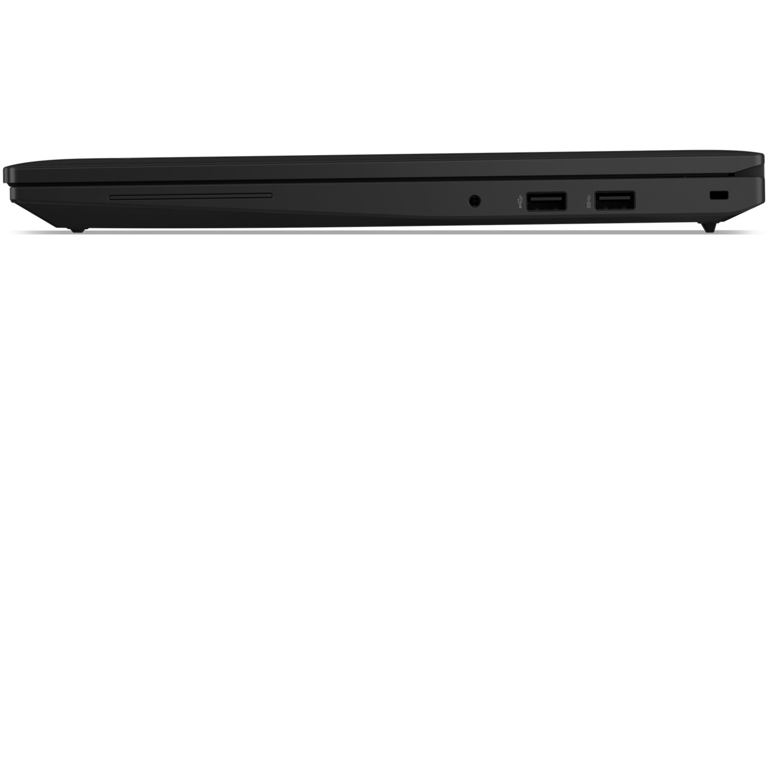 Side view of a black laptop, showing ports and a slim design, set against a white background.