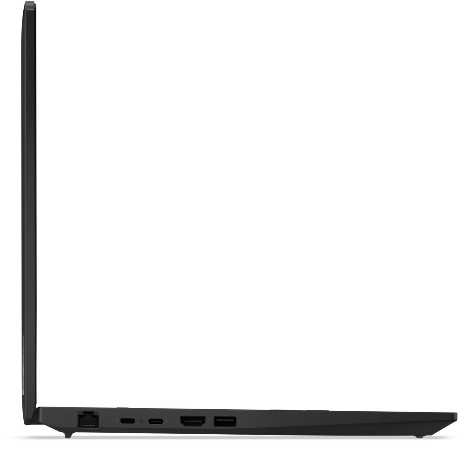 Side view of a black laptop. Visible ports include Ethernet, USB-C, HDMI, and USB. The screen is closed.