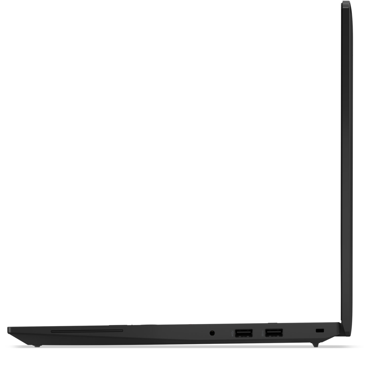 Side view of a black laptop. The screen is closed. Ports and a power button are visible on the side. The background is white.