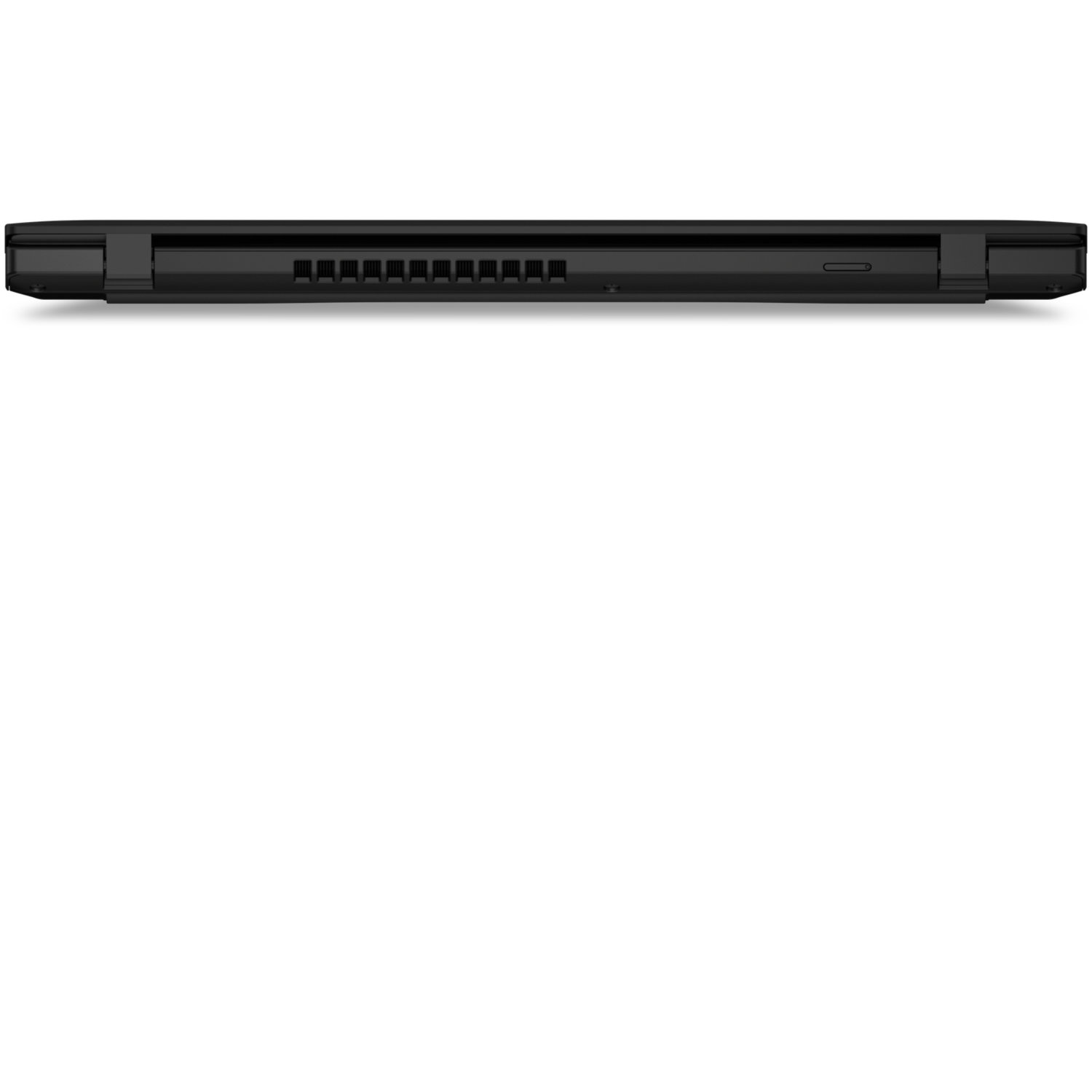 The bottom edge of a black laptop. It has vents and ports, a power button, and a black finish.