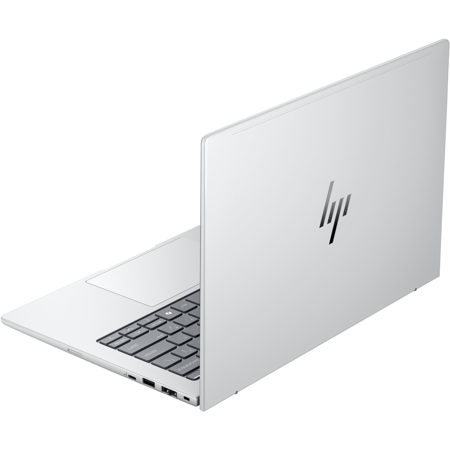 A silver laptop is open, showing the keyboard. The HP logo is visible on the lid. The background is white.