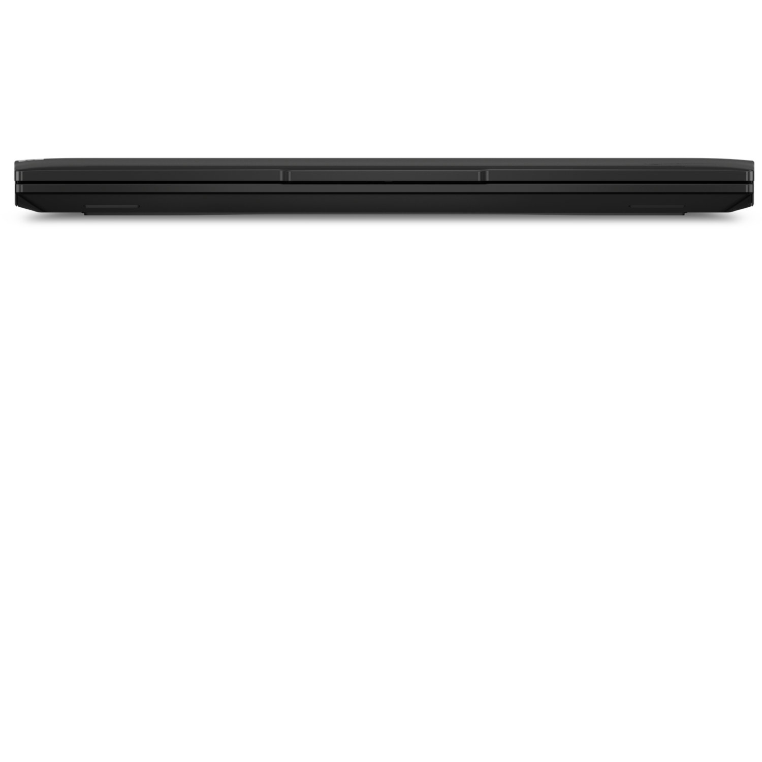 Closed black laptop. Top view, showing the closed lid with a small indentation. White background.