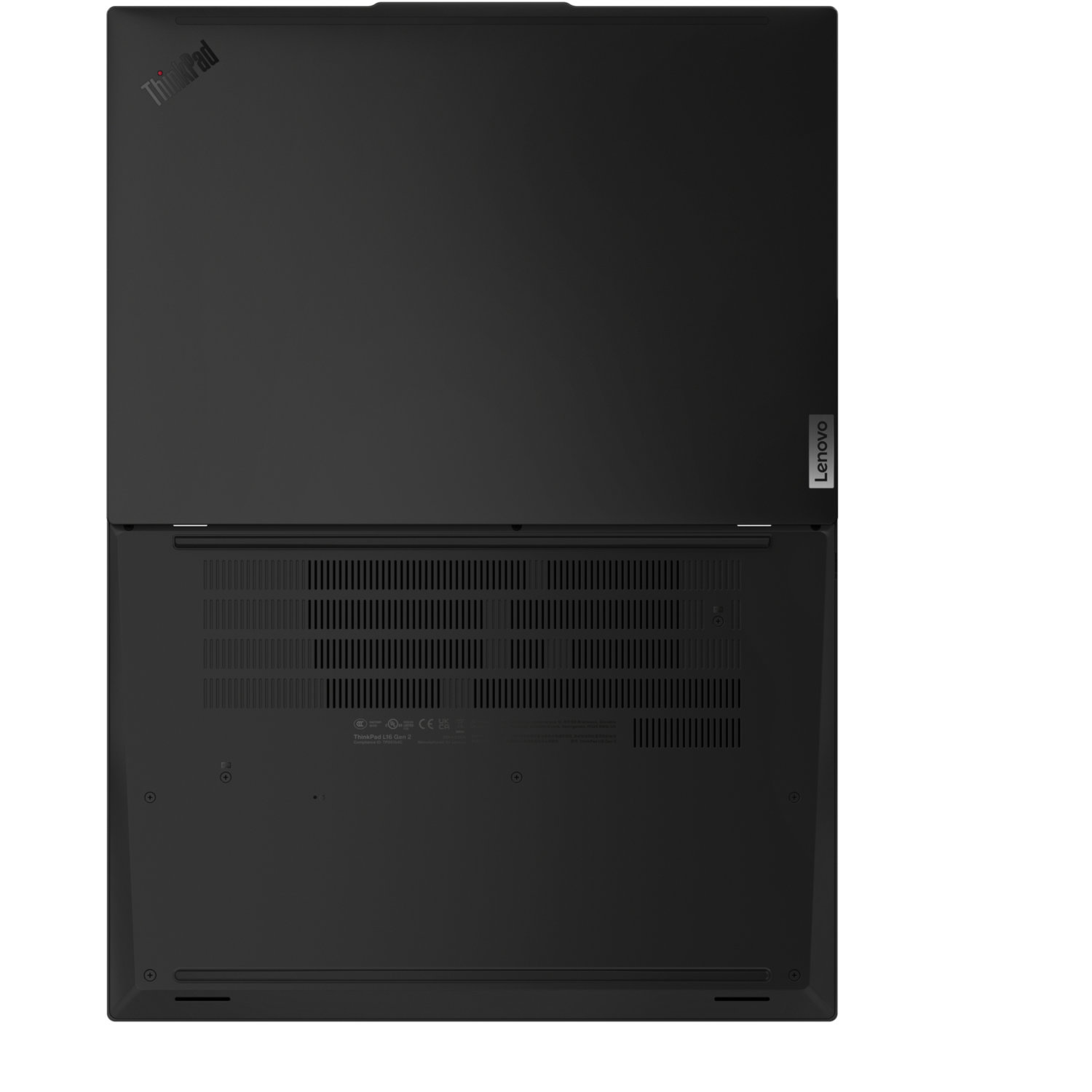 Black Lenovo ThinkPad laptop, open. The top shows the ThinkPad logo, the bottom shows vents and labels, Lenovo logo on the side.