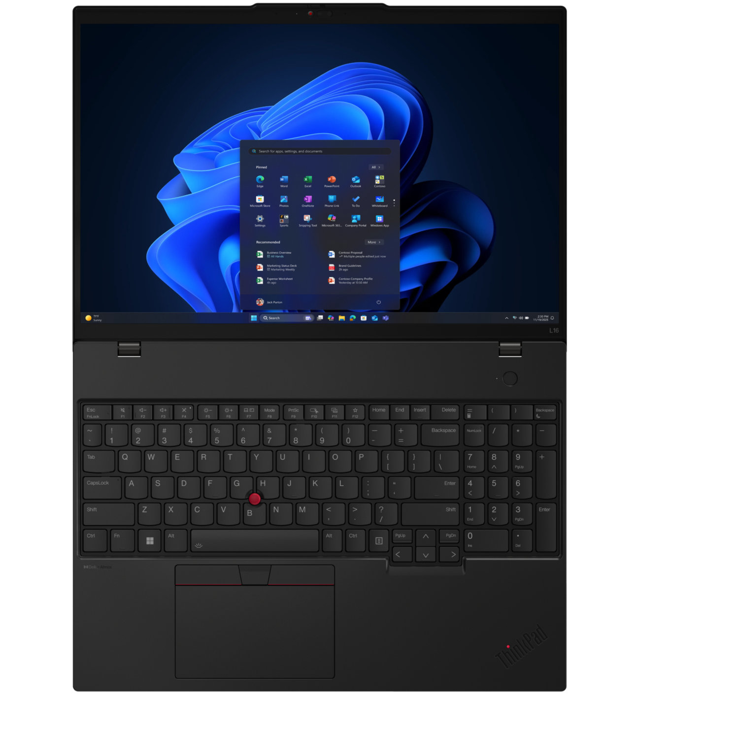 Black ThinkPad laptop open, showing Windows interface, keyboard visible. A search bar is displayed on the screen.