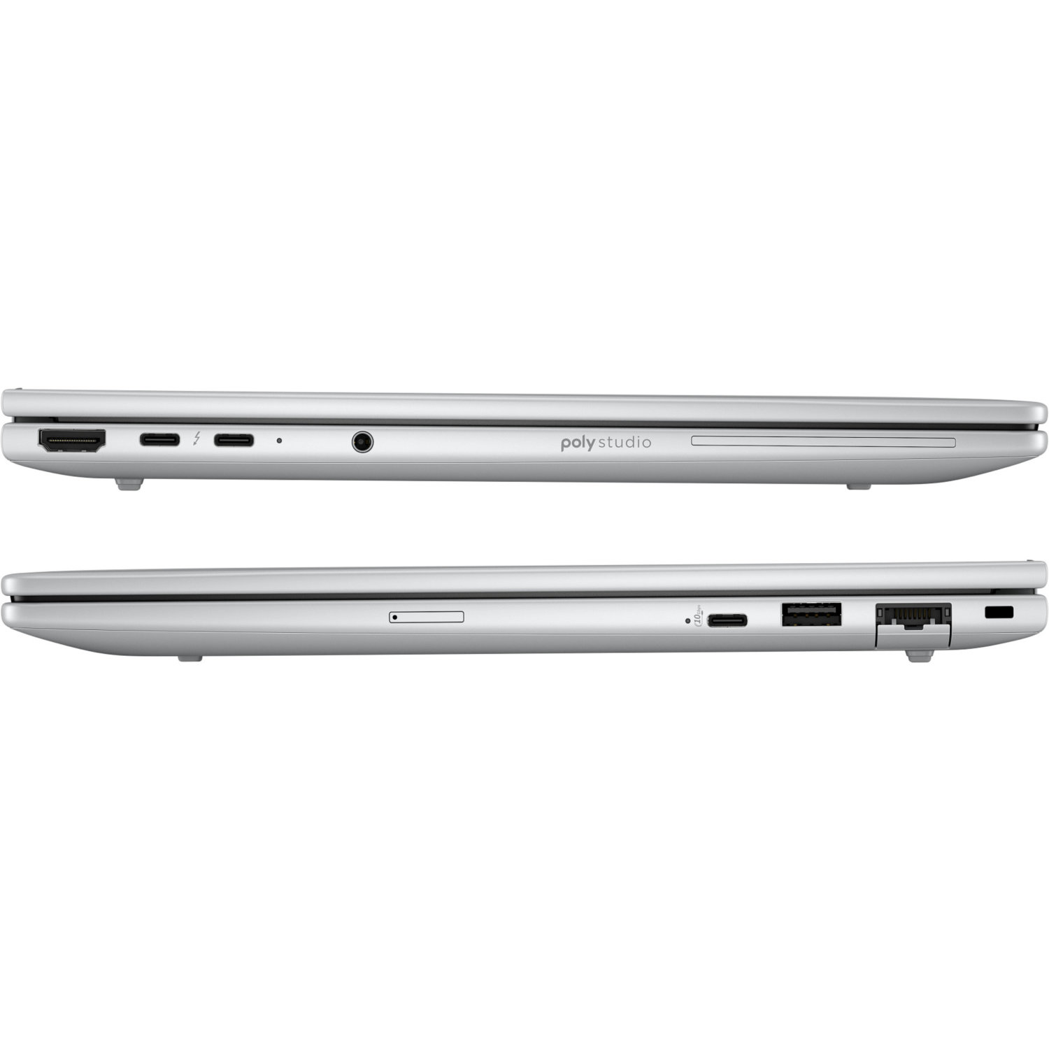 Two silver laptops are shown side by side. Various ports are visible along the edges, including USB, HDMI, and audio jacks.