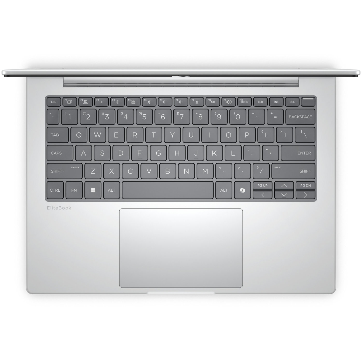 Top view of a silver laptop. Keyboard with keys, touchpad, and the EliteBook logo are visible.