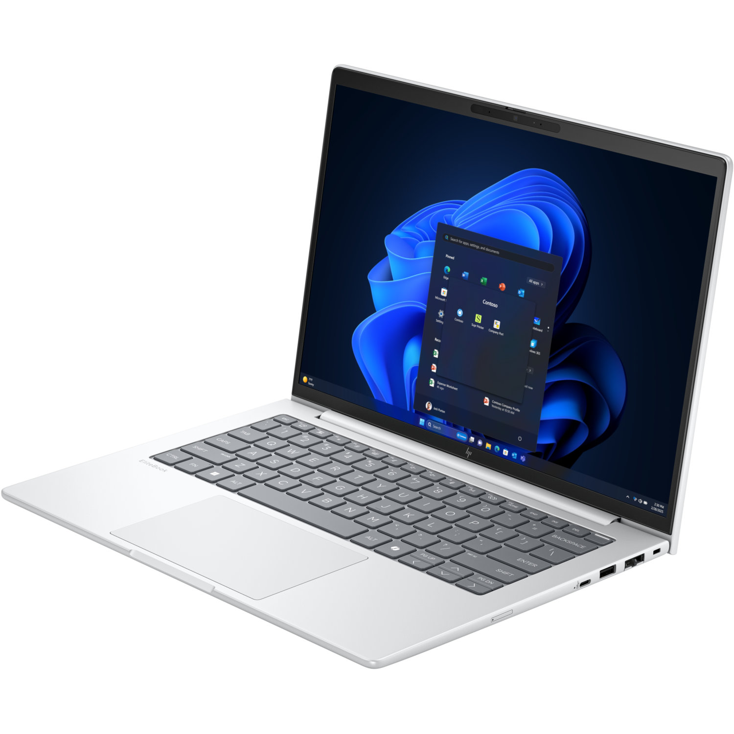 Een zilveren laptop is open, met de Windows-interface. Toetsenbord en touchpad zijn zichtbaar. Het scherm toont app-iconen.