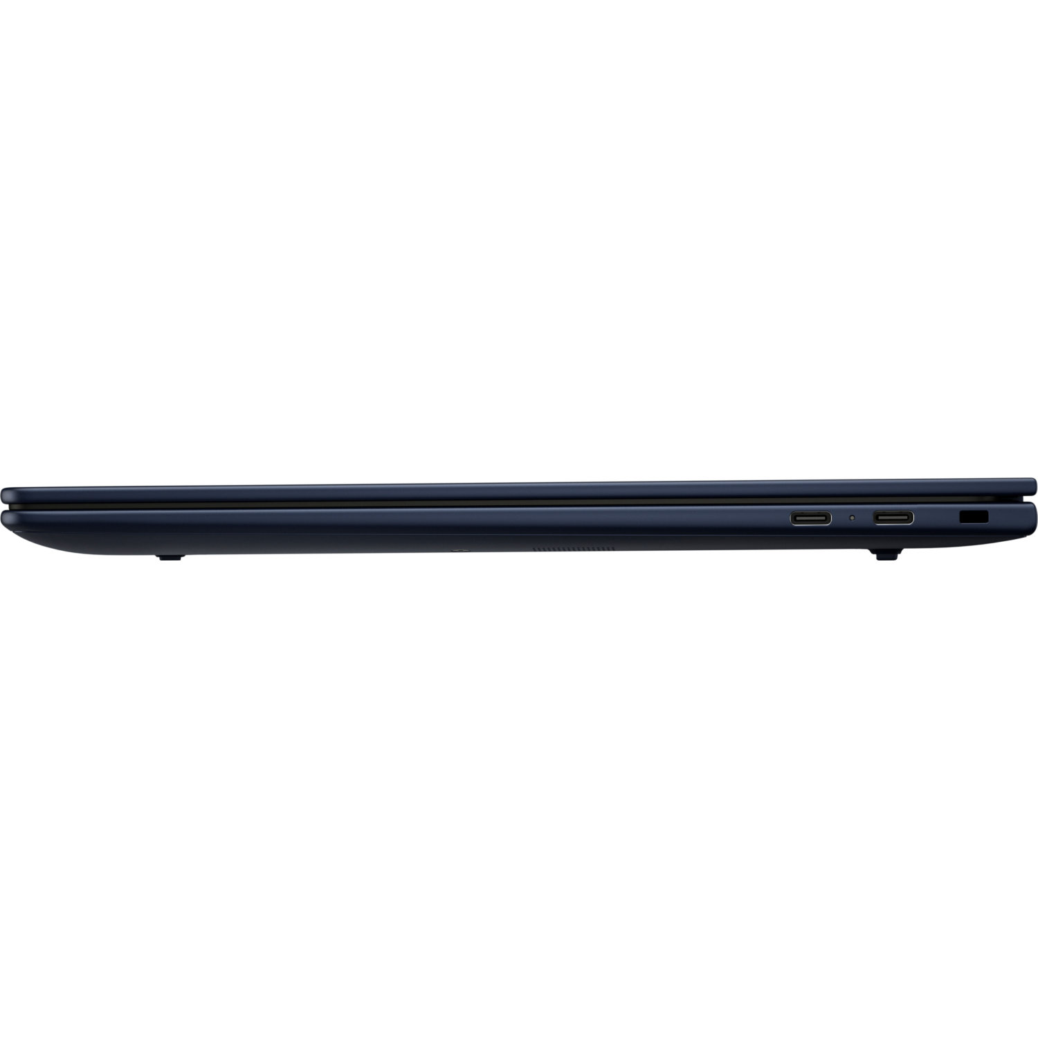 Side view of a closed, dark blue laptop. The laptop is against a white background.