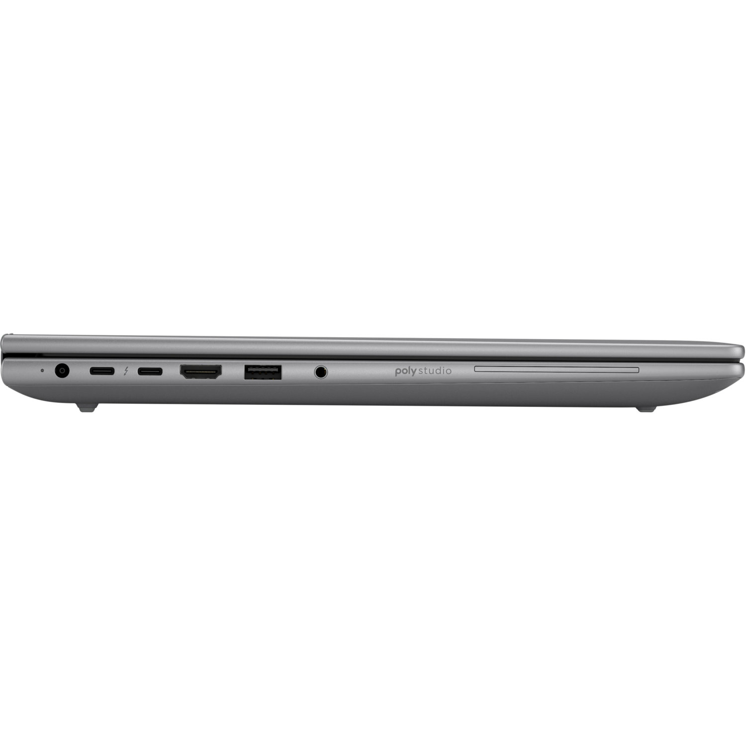 Side view of a silver laptop. Ports include audio, USB, HDMI, and power. The word 'polystudio' is printed on the side.