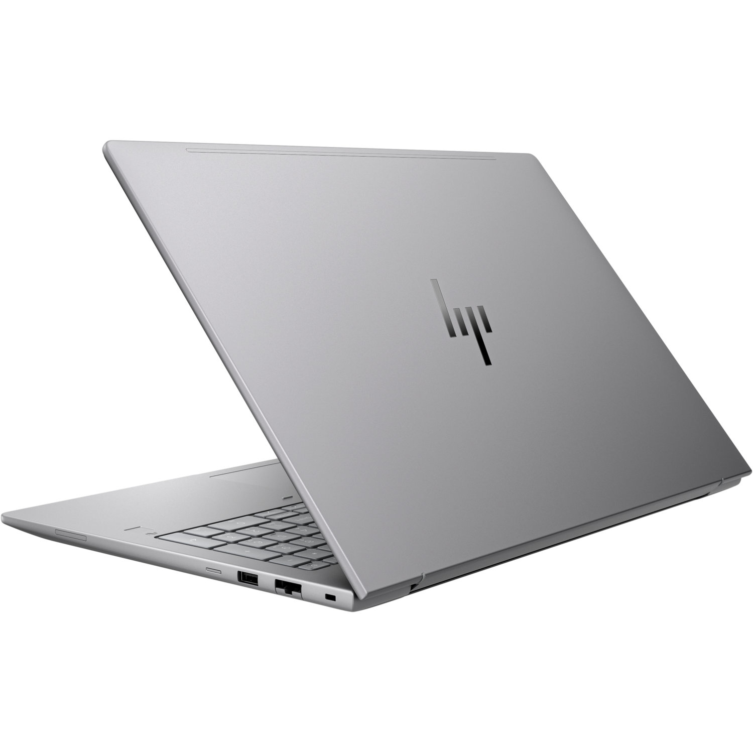 A silver HP laptop is slightly open, showing the keyboard. The HP logo is on the lid. The background is white.