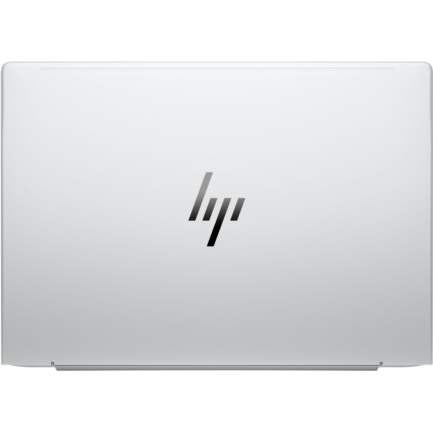 Zilveren laptopdeksel met zwart HP-logo. De deksel is gesloten en reflecteert licht. Het ontwerp is strak en modern.