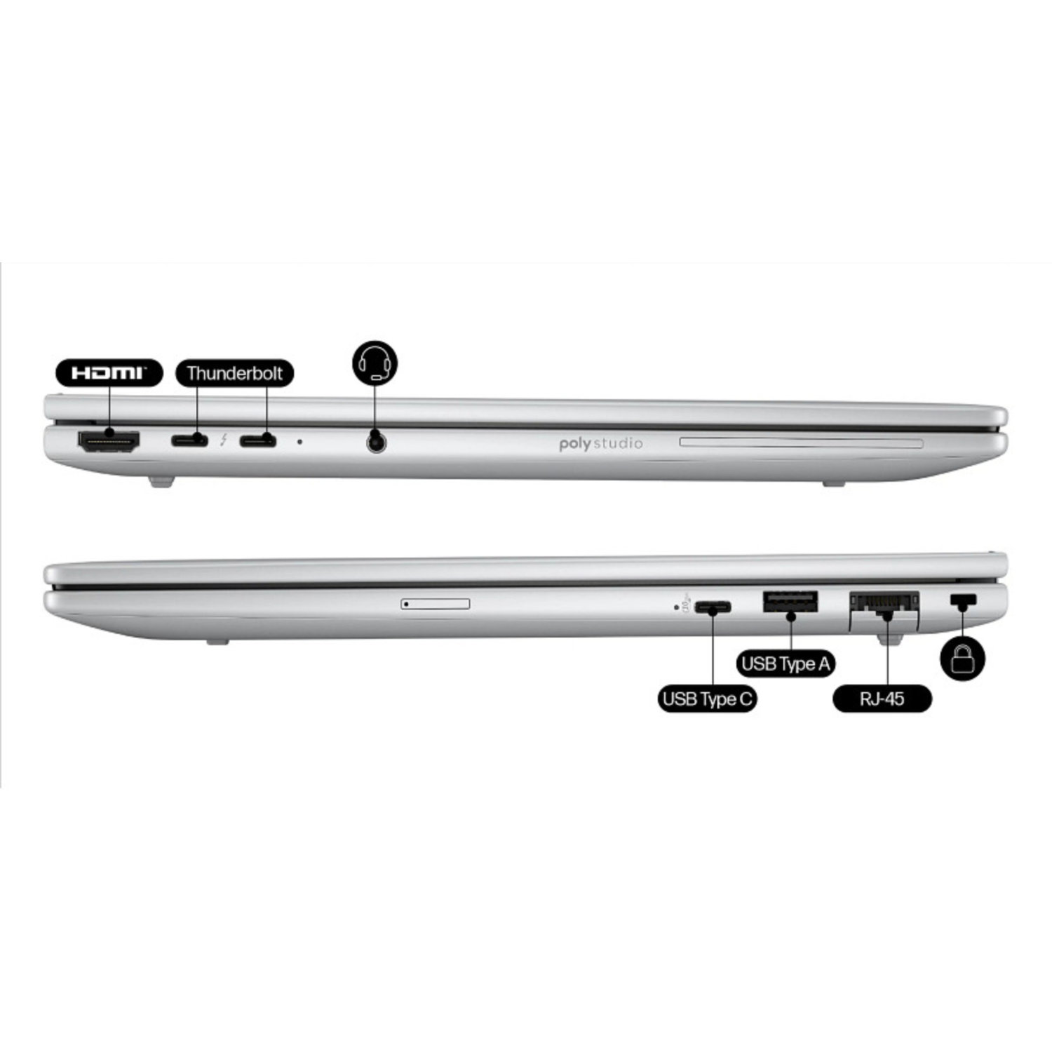 Zilveren laptop zijaanzicht met gelabelde poorten: HDMI, Thunderbolt, USB Type A & C, RJ-45 en een slot. Poly studio tekst is zichtbaar.