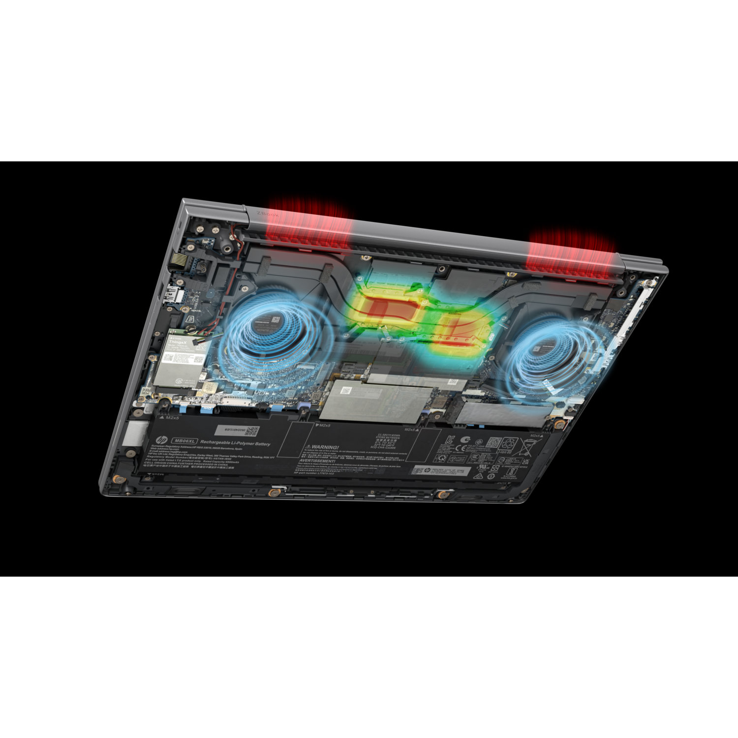 Laptop interior with heat map, cooling fans, and internal components. Black background. Red and blue highlights show heat and airflow.