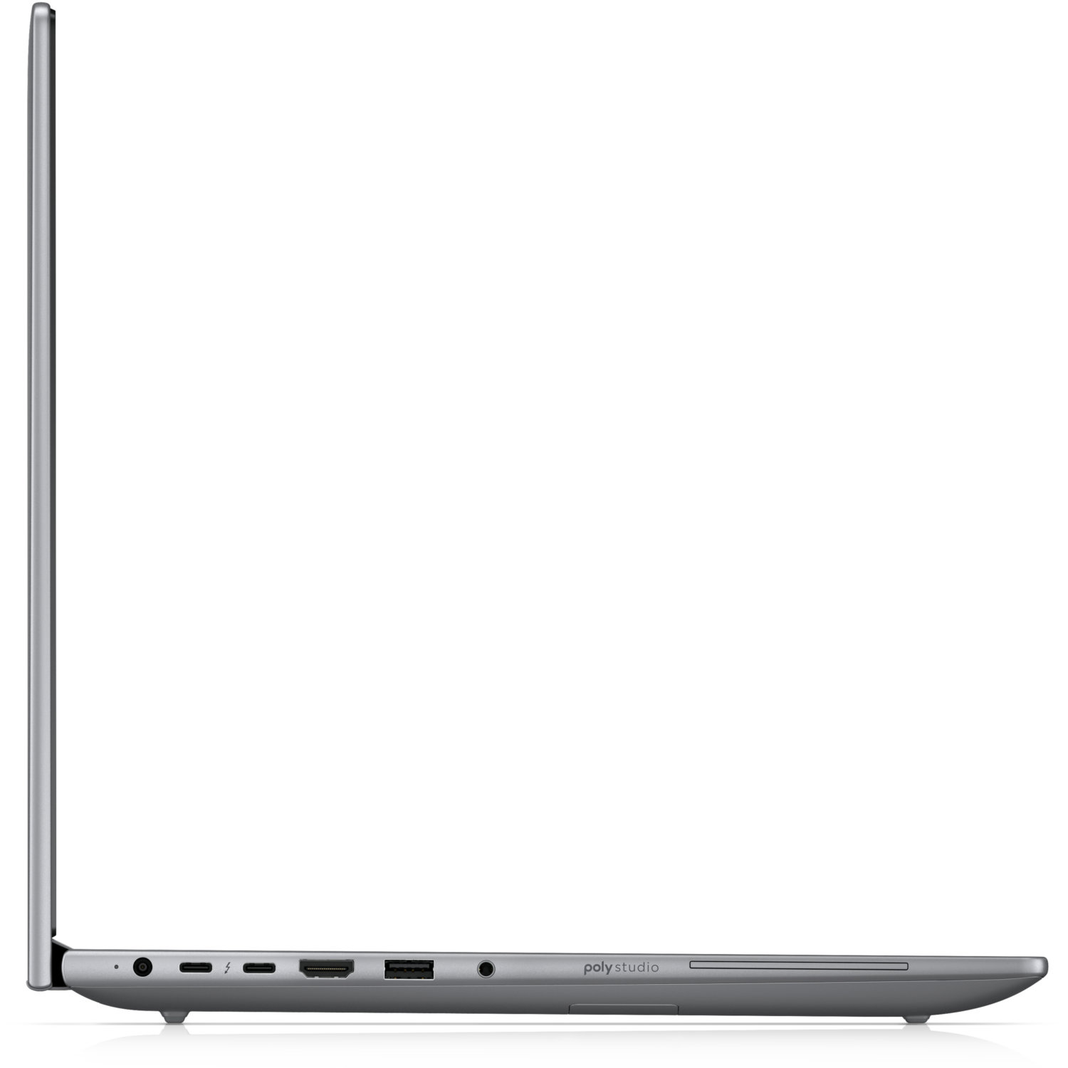 Side view of a silver laptop. Ports visible include USB, HDMI, and charging. The laptop is on a white surface.