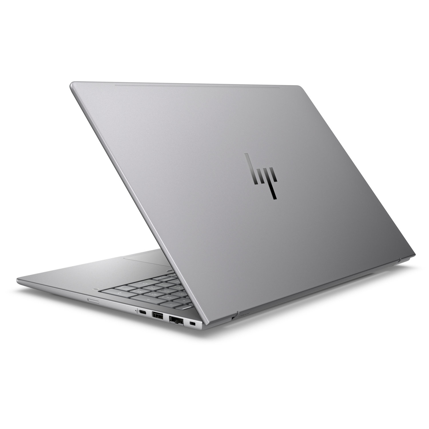 A silver laptop is slightly open, showing the keyboard and the back with the HP logo. The background is white.