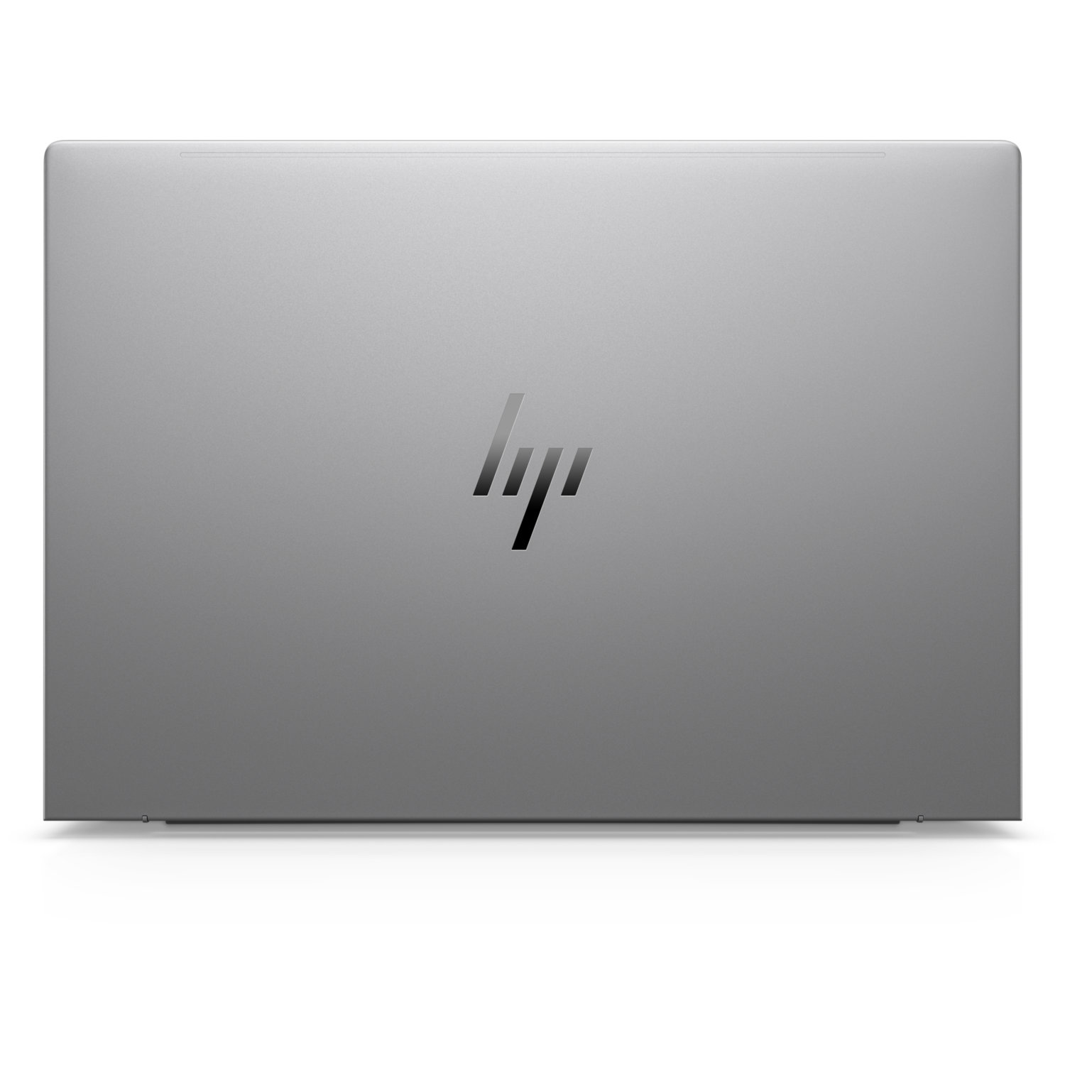 A closed, silver HP laptop. The HP logo is in black at the center. The background is a white, clean surface.