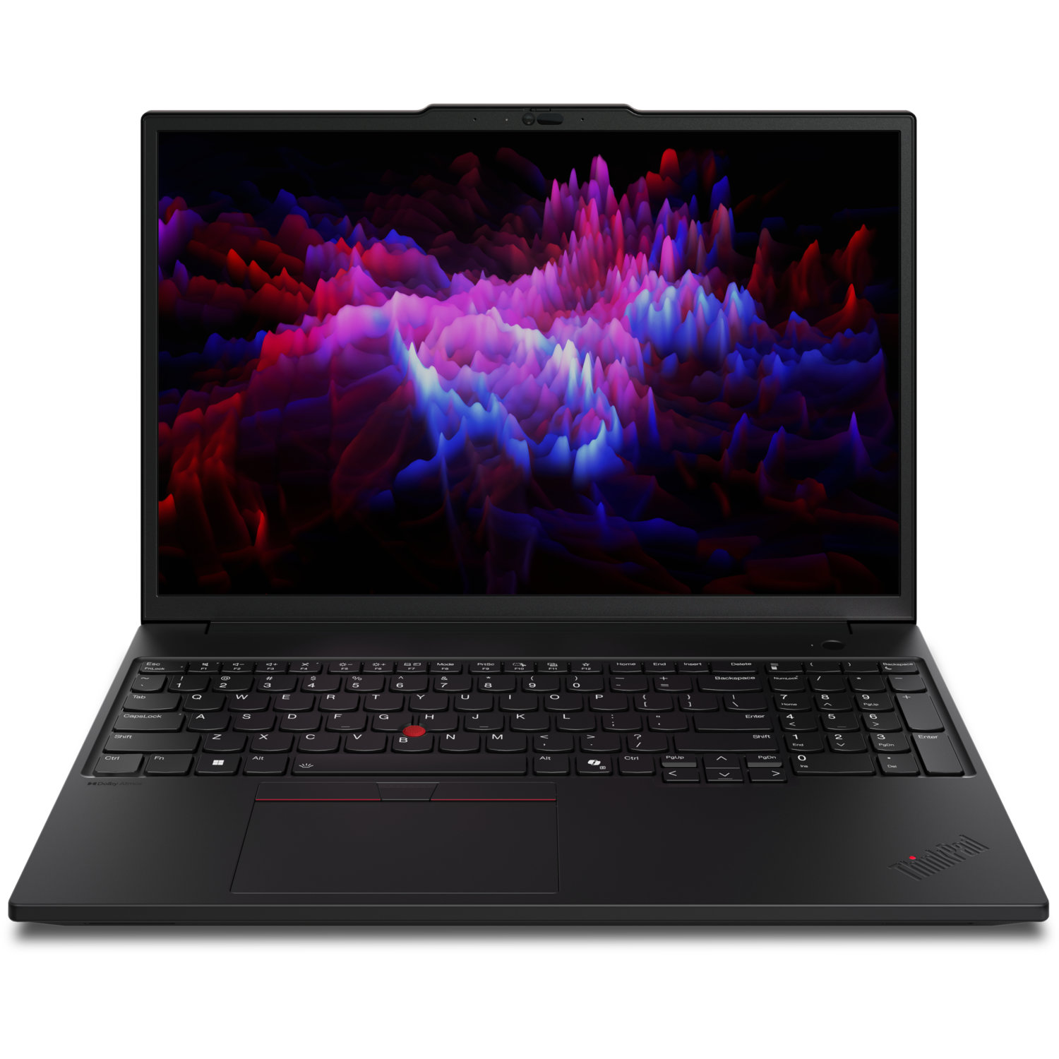 Black laptop with a colorful abstract display. Keyboard visible, trackpad with red accent. Thinkpad logo on the bottom right.