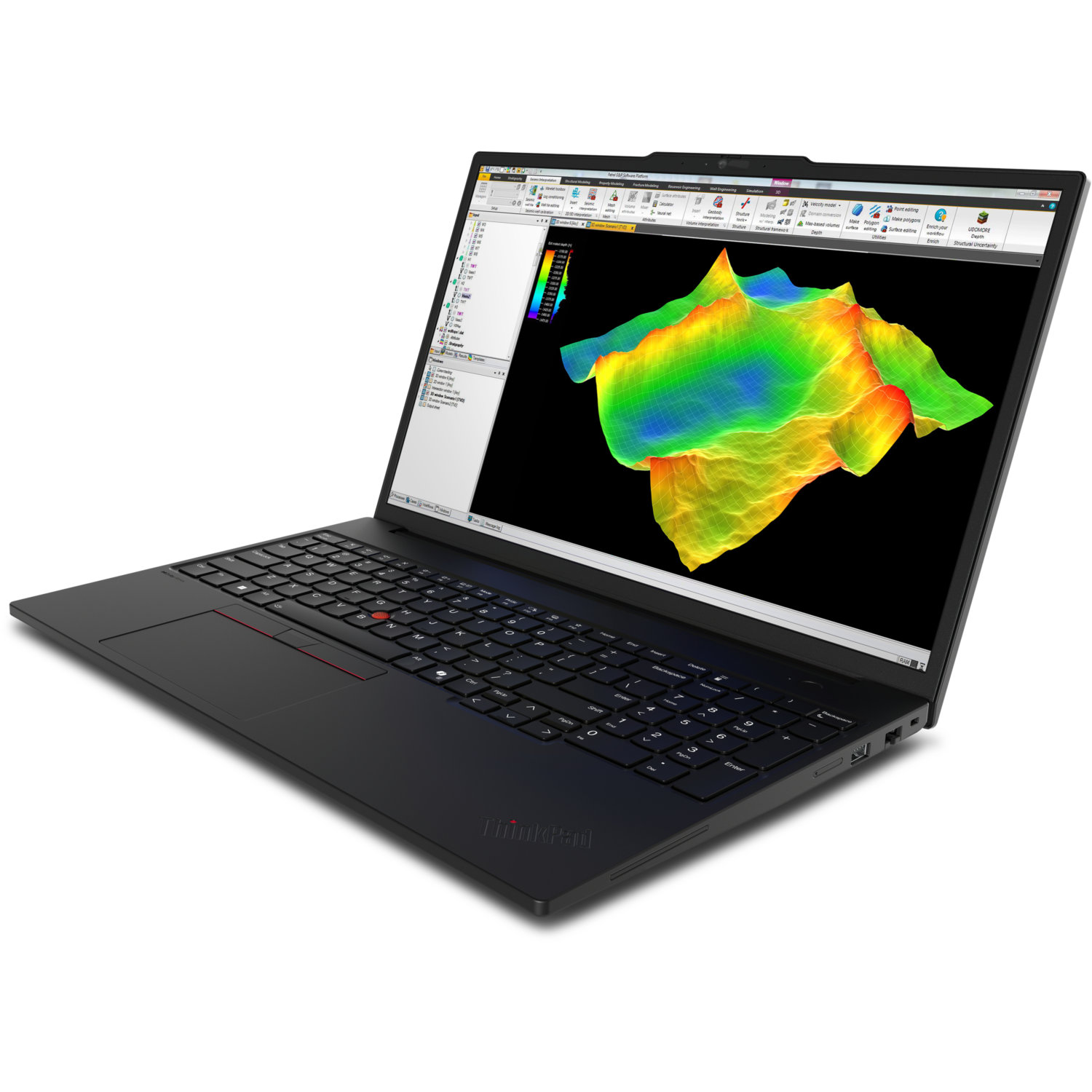 Black ThinkPad laptop displays a 3D surface map in green, yellow, and red. Keyboard visible, on a white background.