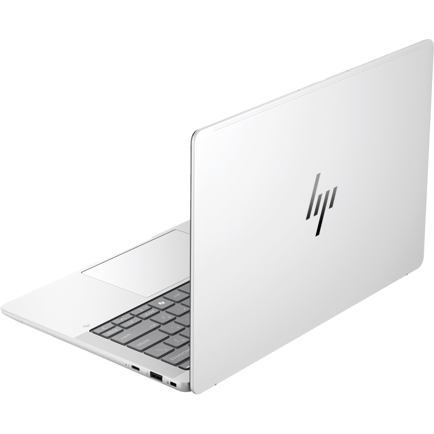 A white HP laptop is slightly open, showing the keyboard and trackpad. The HP logo is visible on the lid. The background is white.