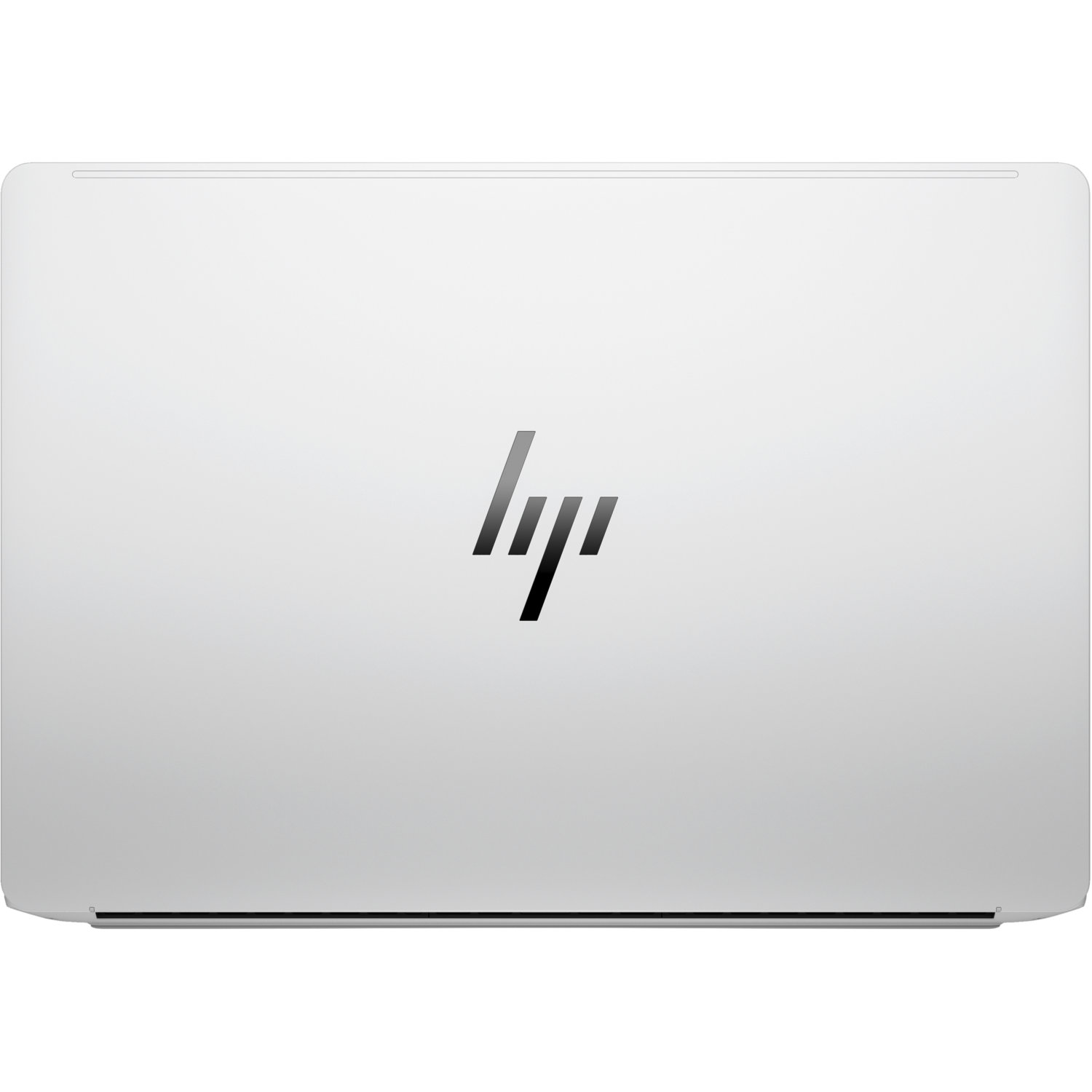 The back of a white laptop with the HP logo in black in the center. The laptop has rounded corners and a sleek design.