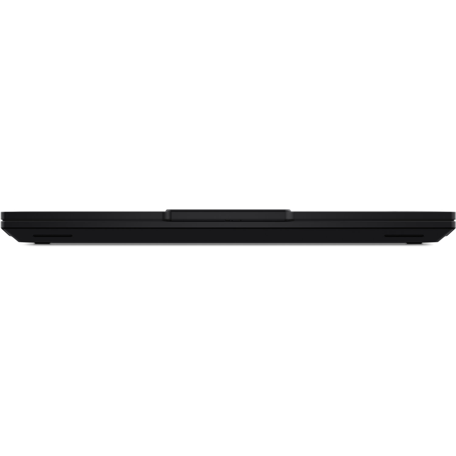 A black rectangular object, likely a laptop or keyboard, is seen from a side view. It's set against a white background.