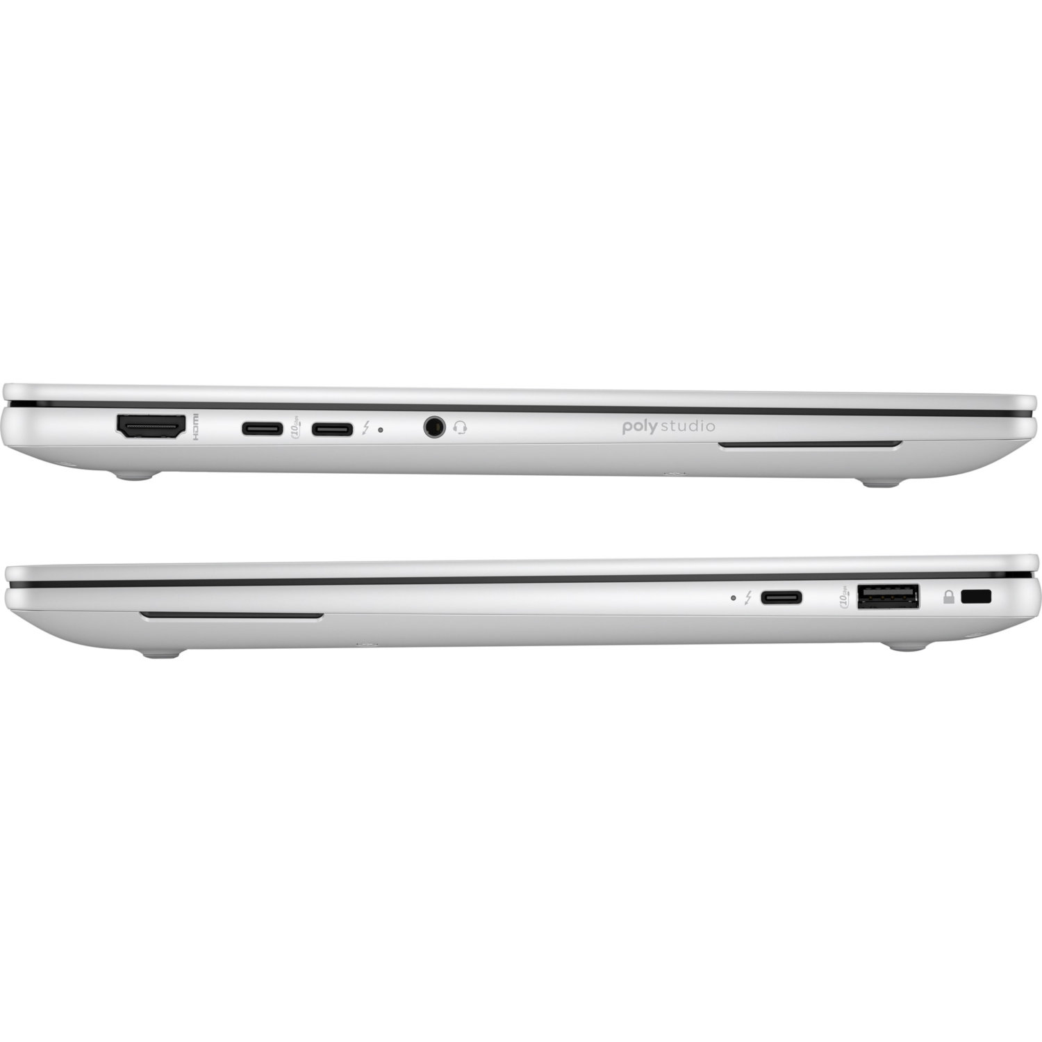 Two silver laptops with different ports, including HDMI, USB-C, and audio jack, are shown from the side against a white background.