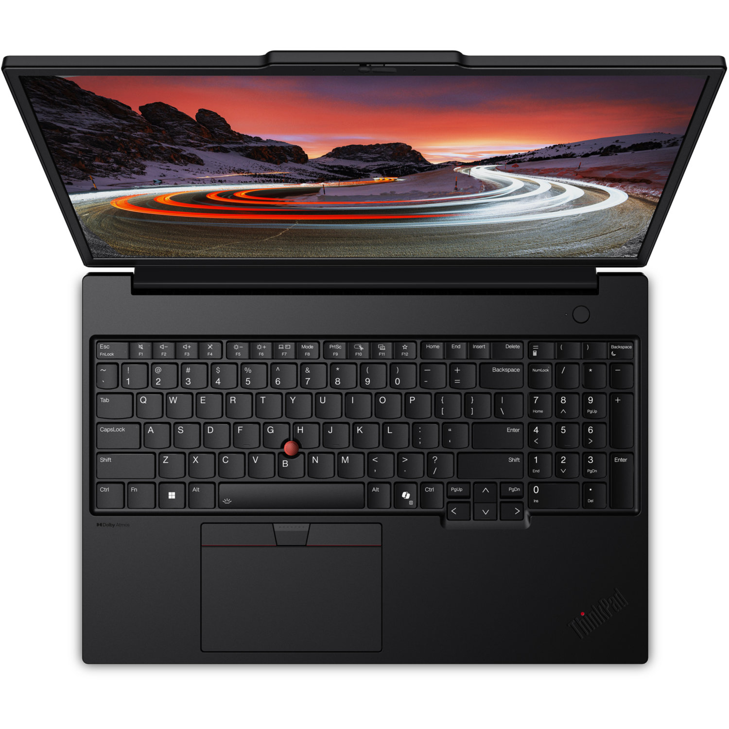 Black laptop open, showing keyboard and screen with a road scene. The ThinkPad logo is visible.
