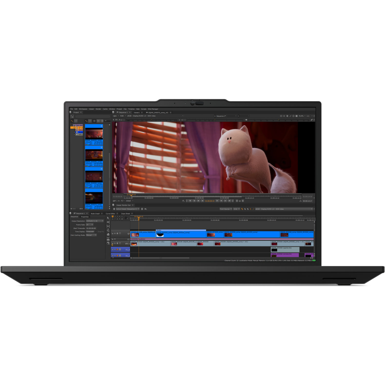 Laptop displays animation software with a cartoon cat. The screen shows a timeline and video editing tools.
