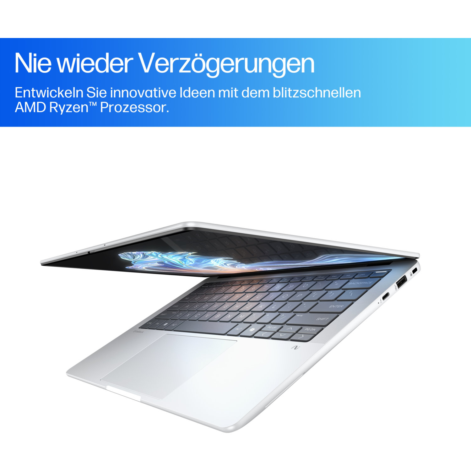 A silver laptop is slightly open, showing the keyboard and screen. Text at the top says 'No more delays' and promotes AMD Ryzen processor.